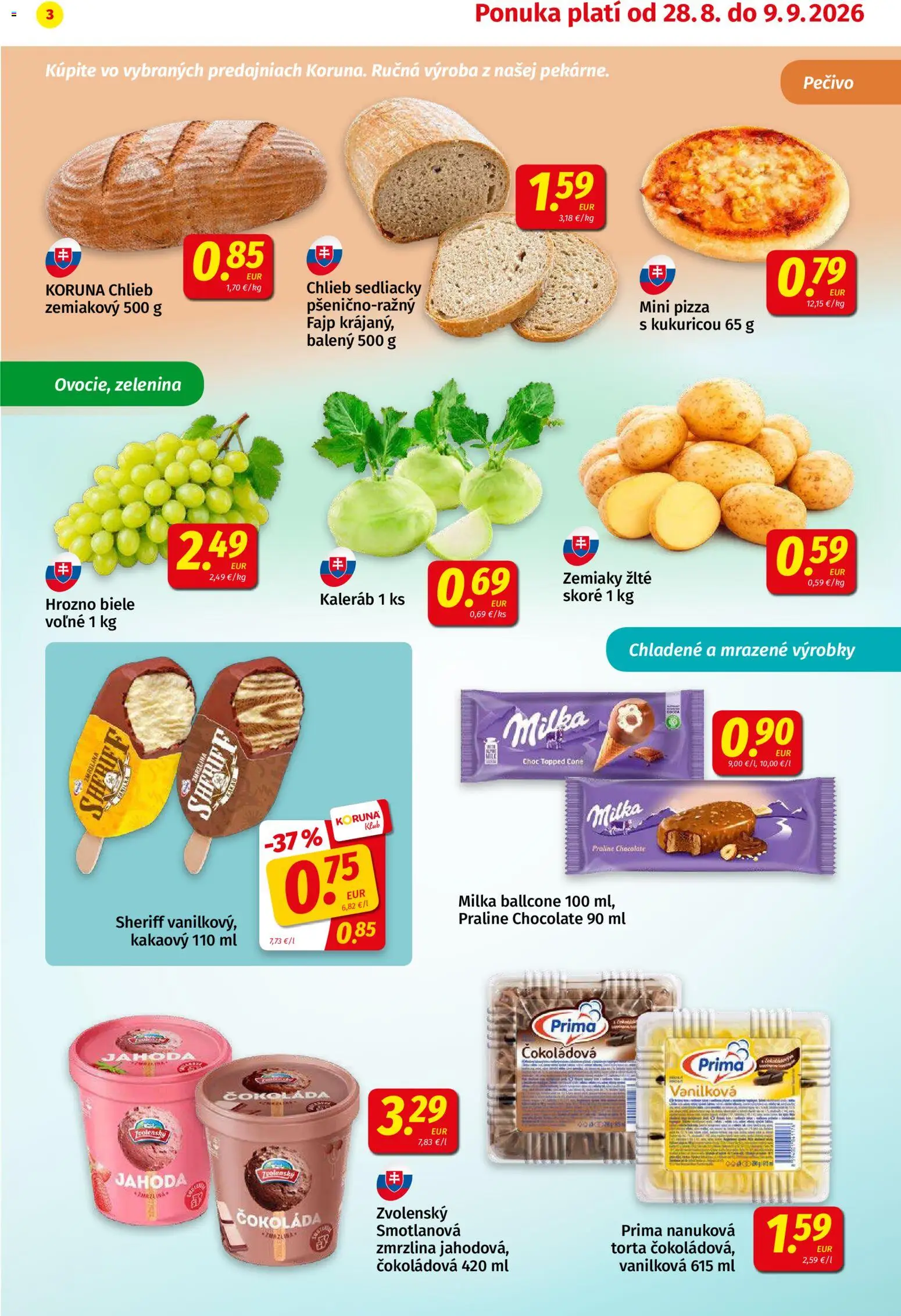 Nové Koruna akcie – leták je platný od 14.08.2026 | Strana: 3 | Produkty: Chlieb, Pizza, Zelenina, Pečivo
