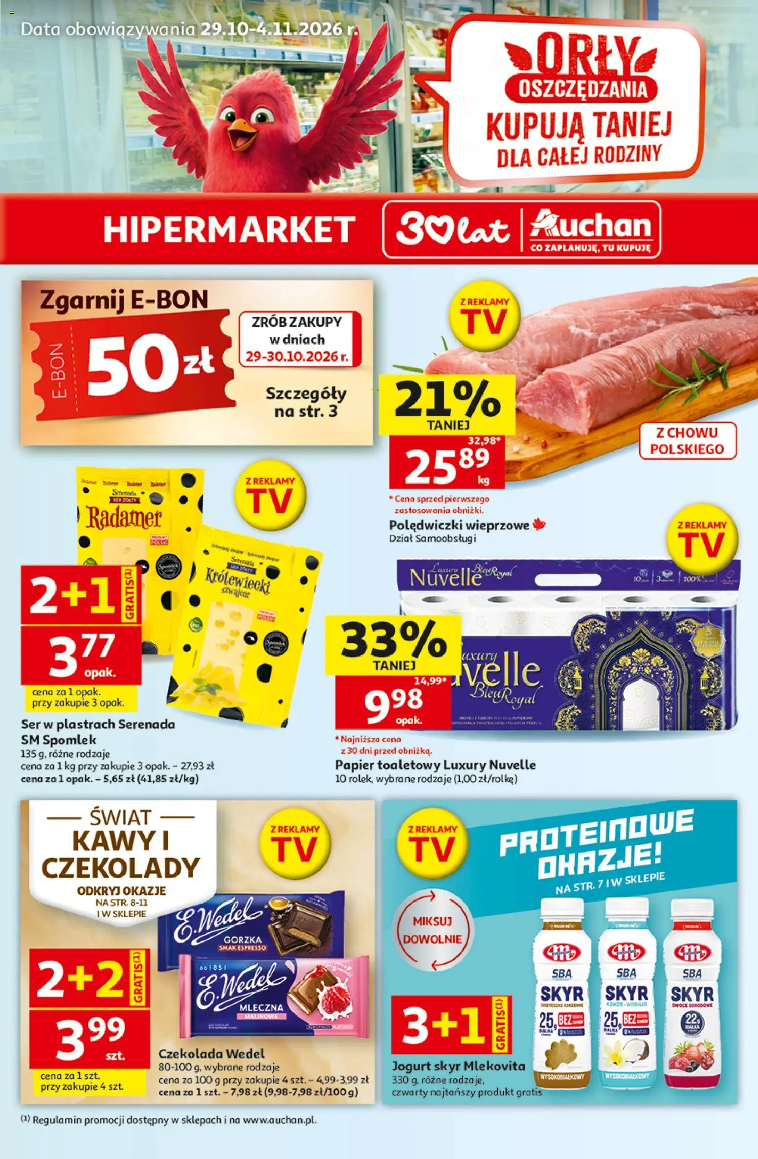 Auchan gazetka - Hipermarket od 29.10.2026 | Strona: 1 | Produkty: Czekolady, Papier toaletowy, Jogurt, Czekolada wedel