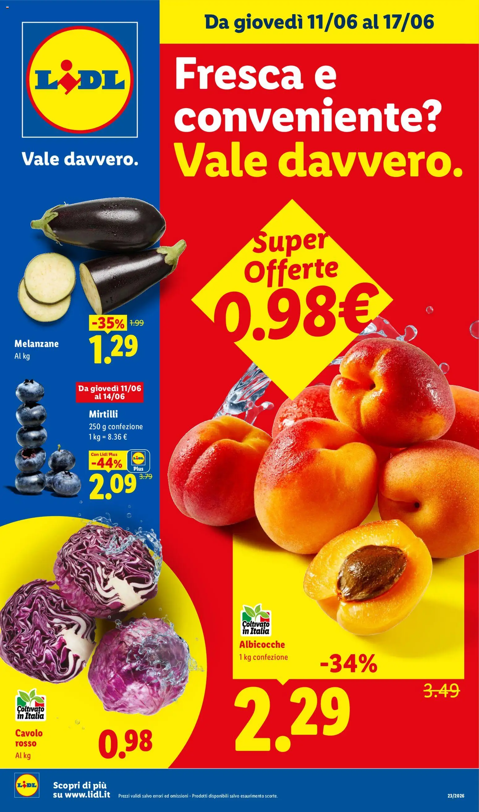 Volantino Lidl del 11.06.2026 | Pagina: 1 | Prodotti: Cavolo, Mirtilli, Melanzane, Albicocche