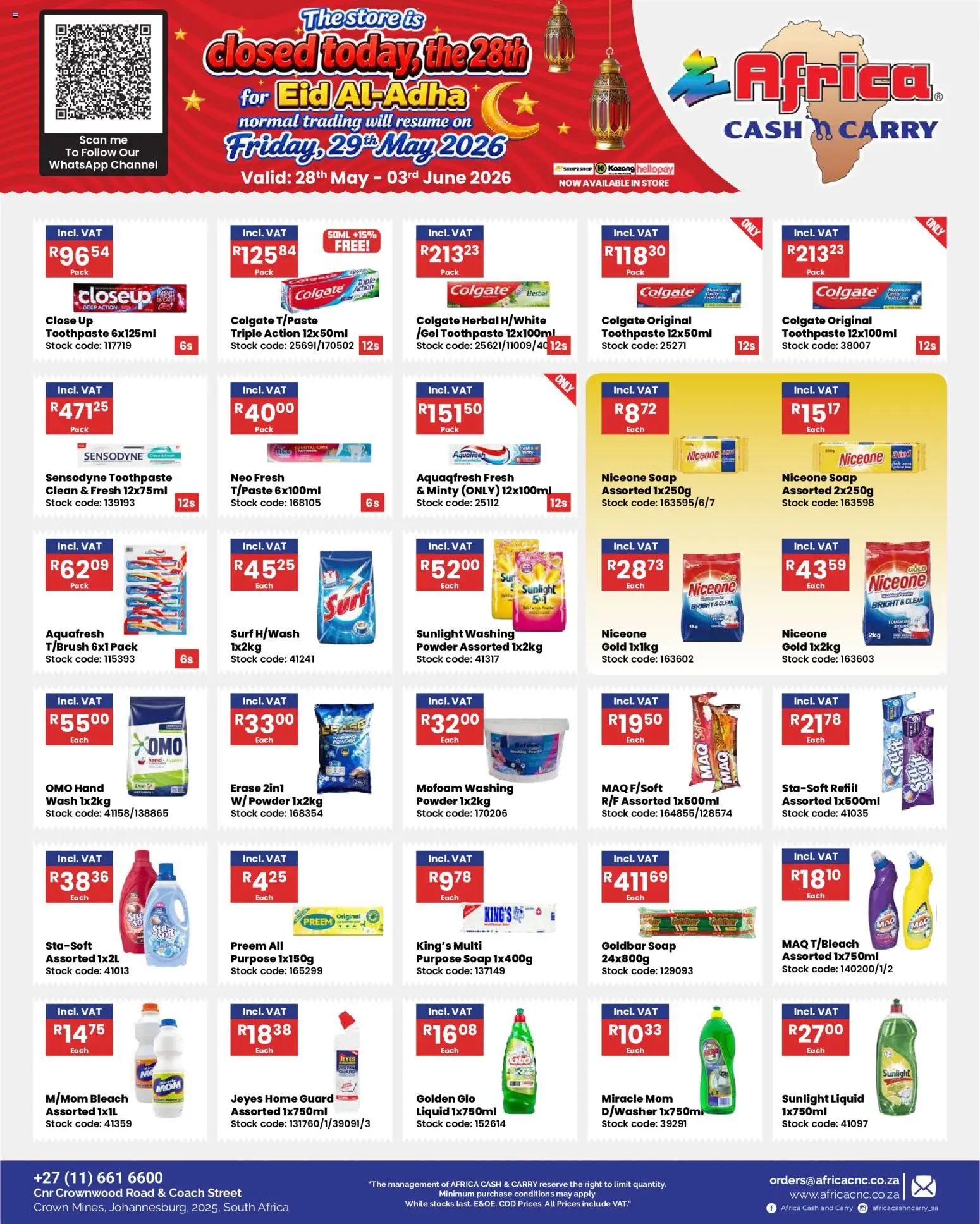New Africa Cash & Carry catalogue – valid from 28.05.2026 | Page: 18 | Products: Bleach, Powder, Stock, Toothpaste
