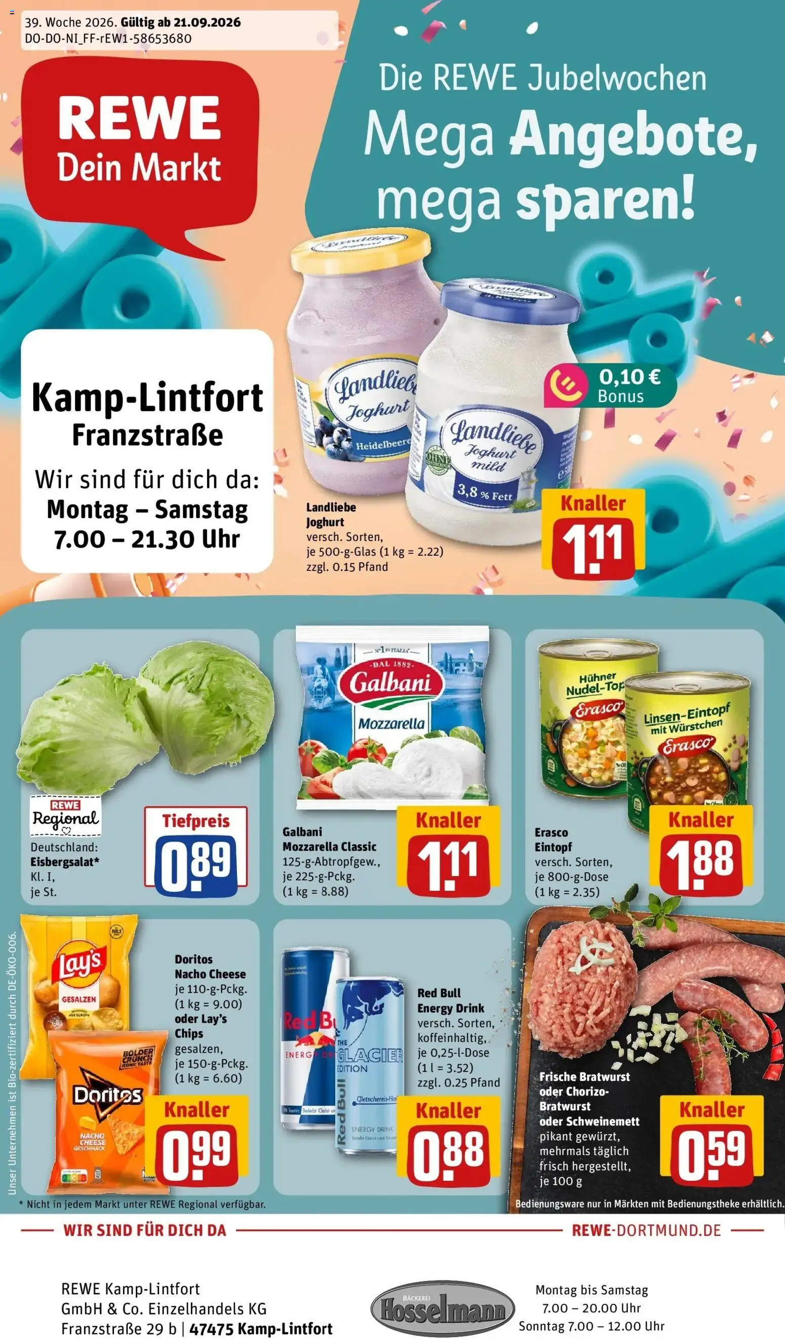 REWE Prospekt ab 21.09.2026 zum Blättern » Angebote | Seite: 1 | Produkte: Red bull, Joghurt, Mozzarella, Bratwurst