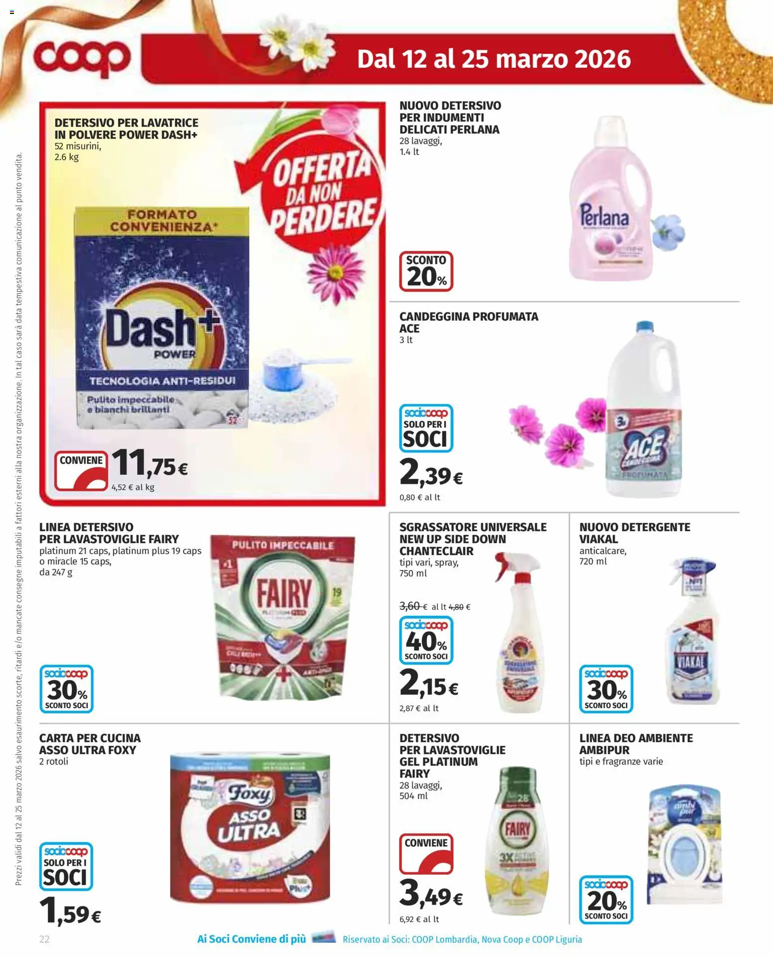 Volantino COOP del 12.03.2026 | Pagina: 22 | Prodotti: Detergente, Candeggina, Lavatrice, Lavastoviglie
