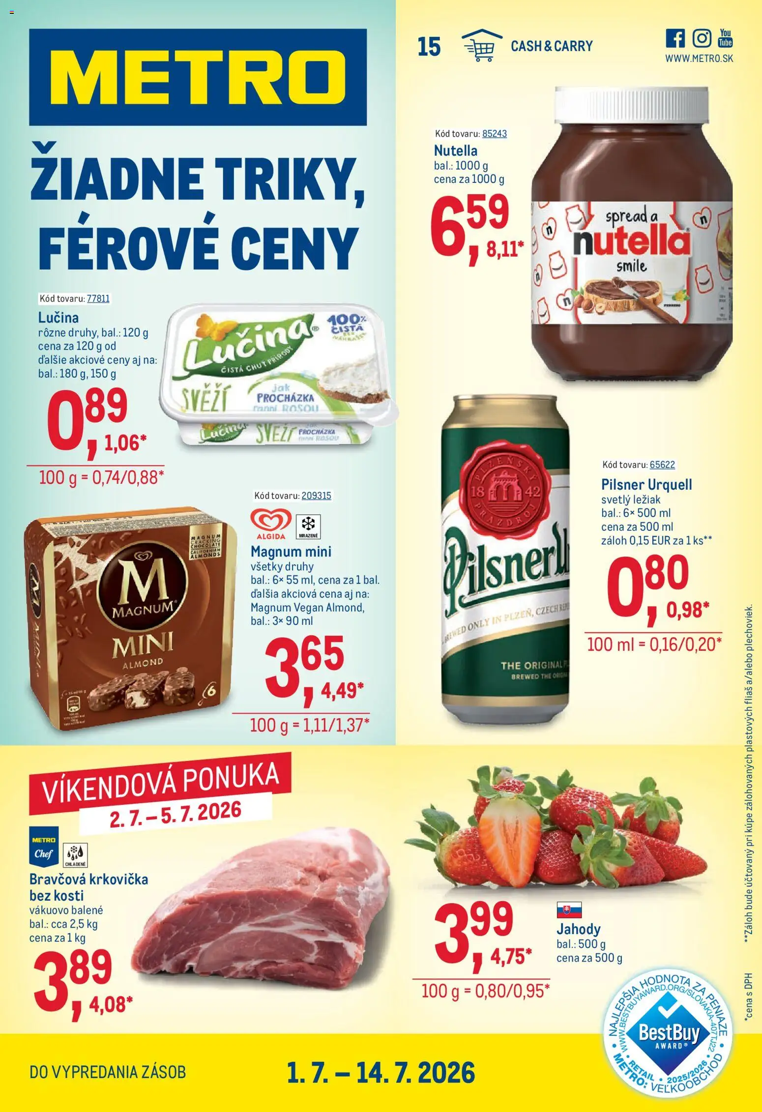 Nové Metro akcie – leták je platný od 01.07.2026 | Strana: 1 | Produkty: Pilsner Urquell, Magnum, Jahody, Nutella