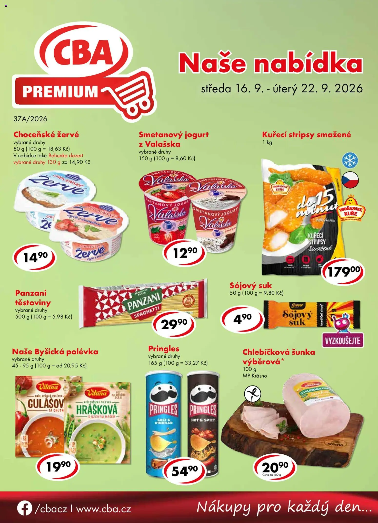 CBA leták - Premium od 16.09.2026 | Strana: 1 | Produkty: Pringles, Žervé, Kuře, Kuřecí stripsy