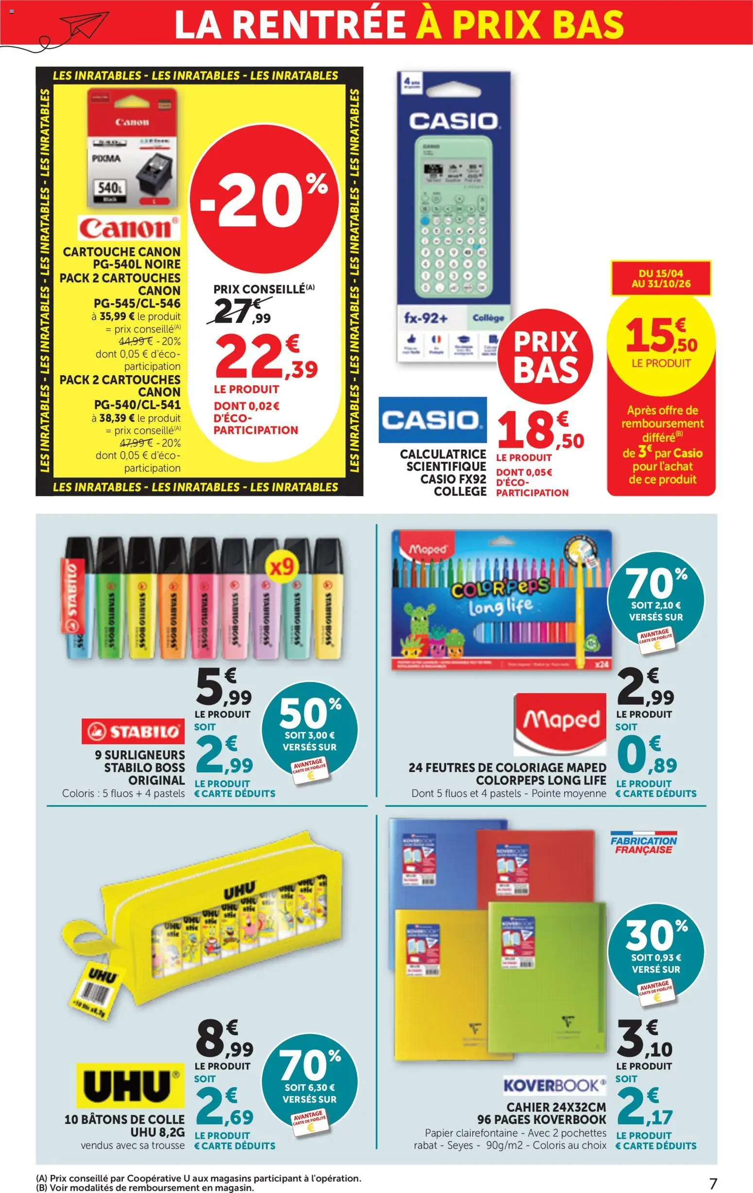 {H1} | Page: 7 | Produits: Coloriage, Calculatrice, Cahier, Cartouche