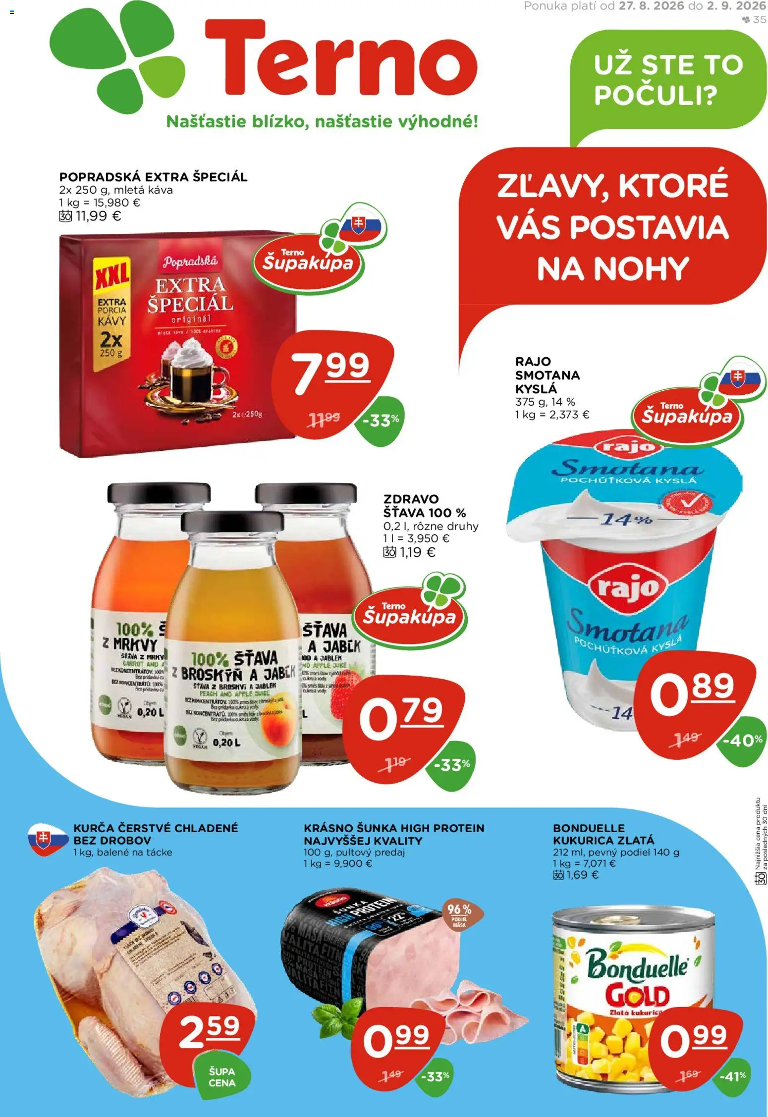 Nové Terno akcie – leták je platný od 27.08.2026 | Strana: 1 | Produkty: Smotana, Protein, Kurča, Kukurica
