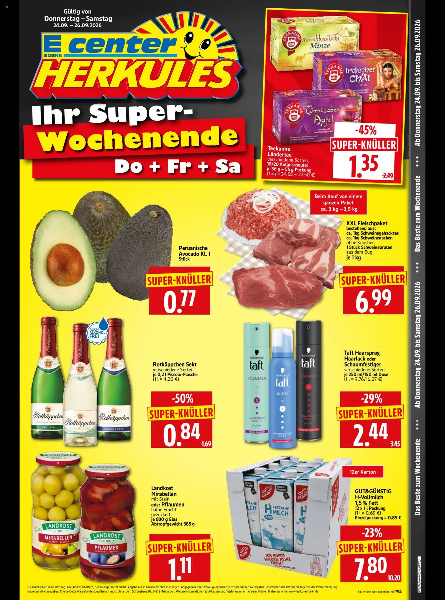 HERKULES Sonderbeilage – gültig ab 24.09.2026 | Seite: 1 | Produkte: Bilder, Alkohol, Schweinenacken ohne Knochen, Rotkäppchen
