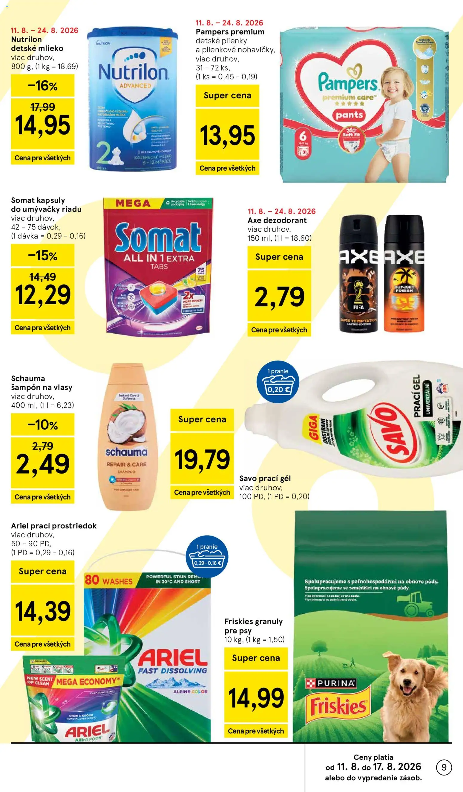 Nové Tesco akcie – leták je platný od 12.08.2026 | Strana: 9 | Produkty: Mlieko, Prací gél, Šampón, Kapsuly do umývačky riadu