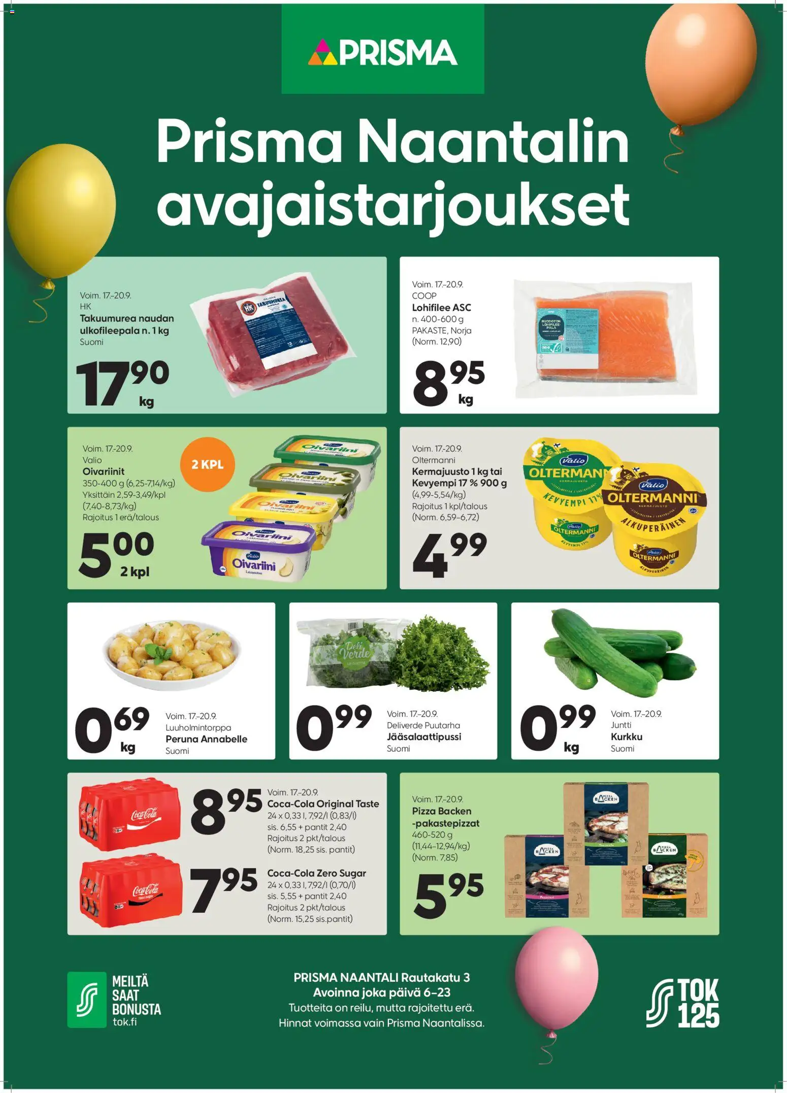 Prisma - Naantalin avajaistarjoukset – voimassa 17/09/2026 alkaen | Sivu: 1 | Tuotteet: Kermajuusto, Peruna, Pizza, Kurkku