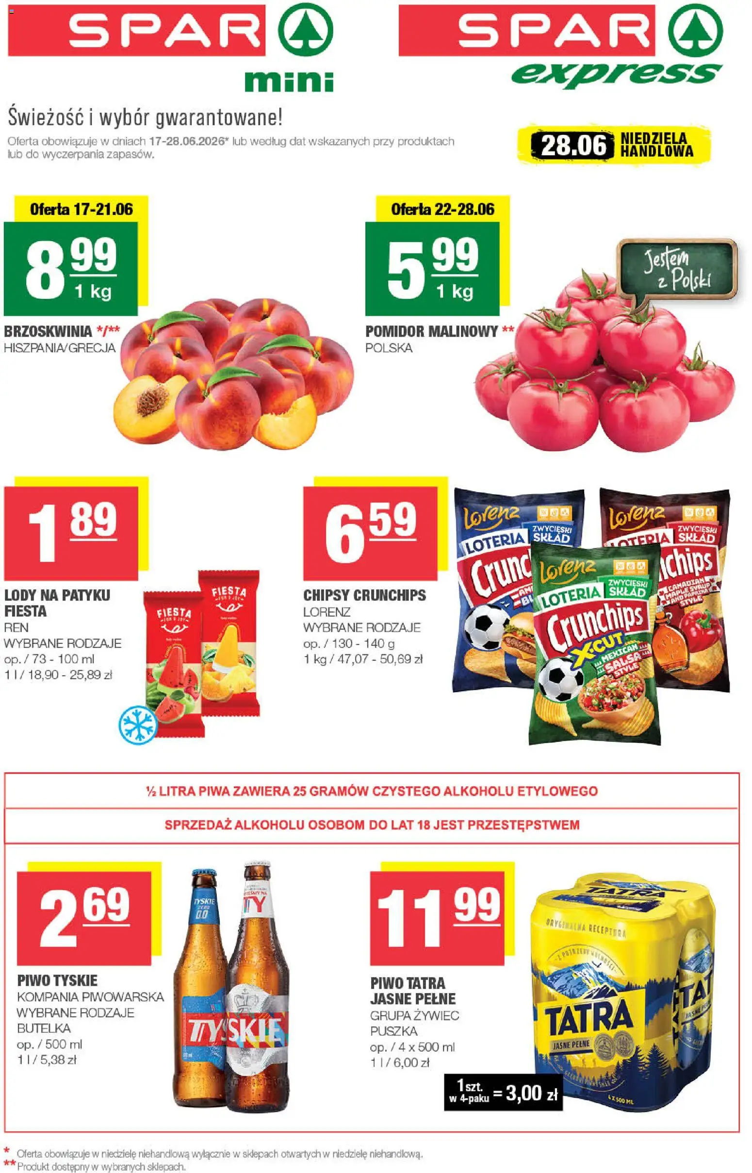 Spar gazetka - Mini od 17.06.2026 | Strona: 1 | Produkty: Pomidor malinowy, Chipsy, Tyskie, Lody