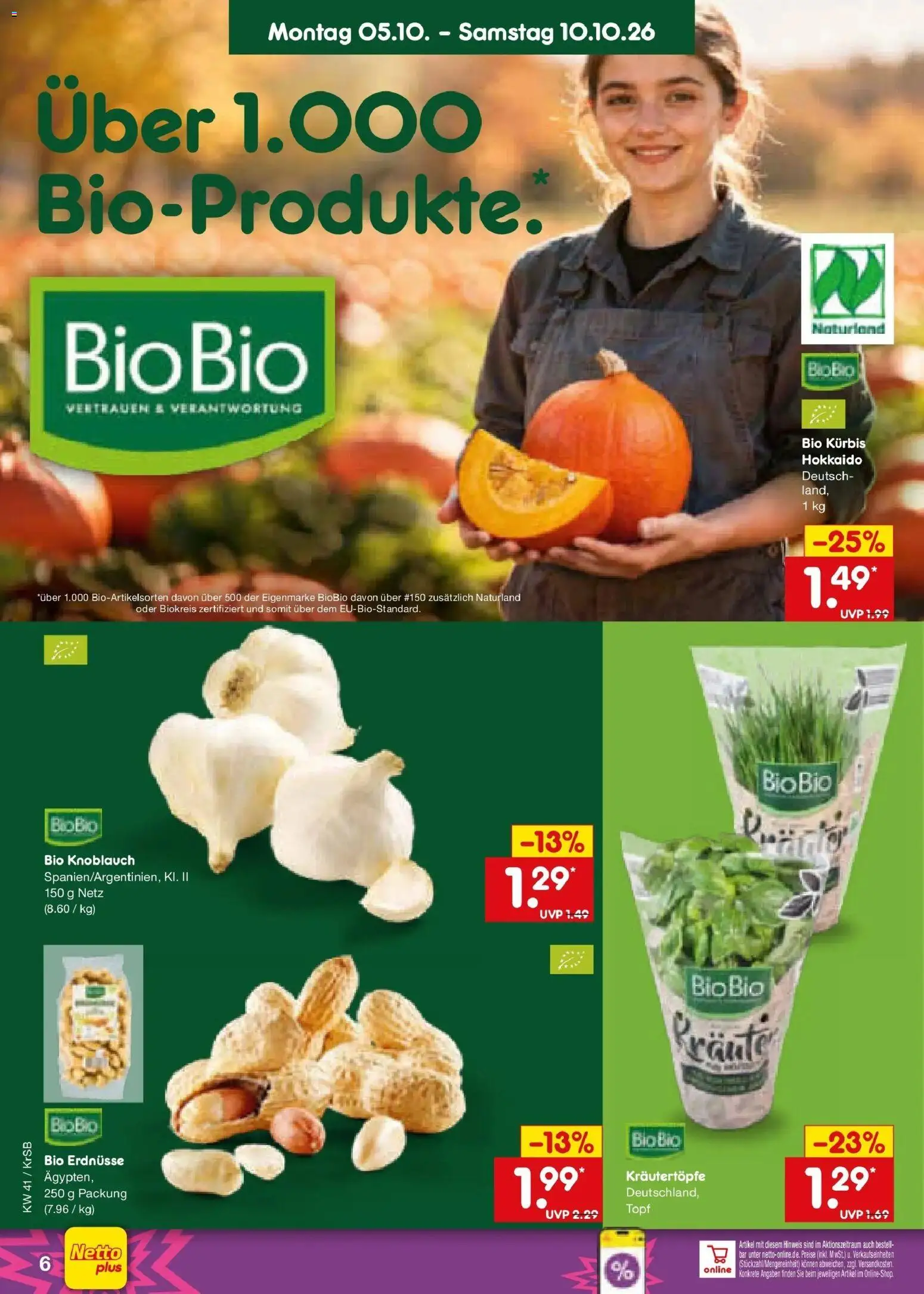Netto Marken-Discount Prospekt Baesweiler (ab 05.10.2026) » Angebote | Seite: 6 | Produkte: Erdnüsse, Knoblauch, Kürbis