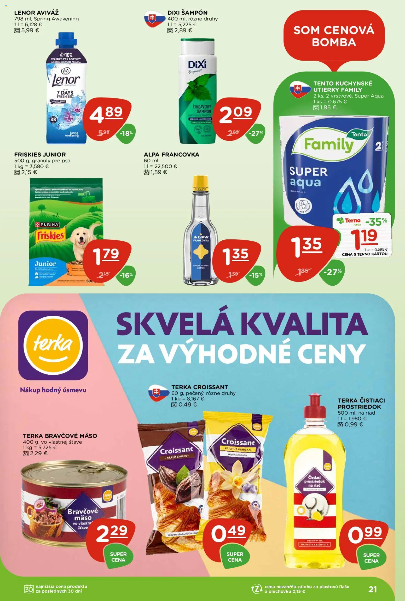 Nové Terno akcie – leták je platný od 11.06.2026 | Strana: 21 | Produkty: Čistiaci prostriedok, Bravčové mäso, Alpa, Kakao