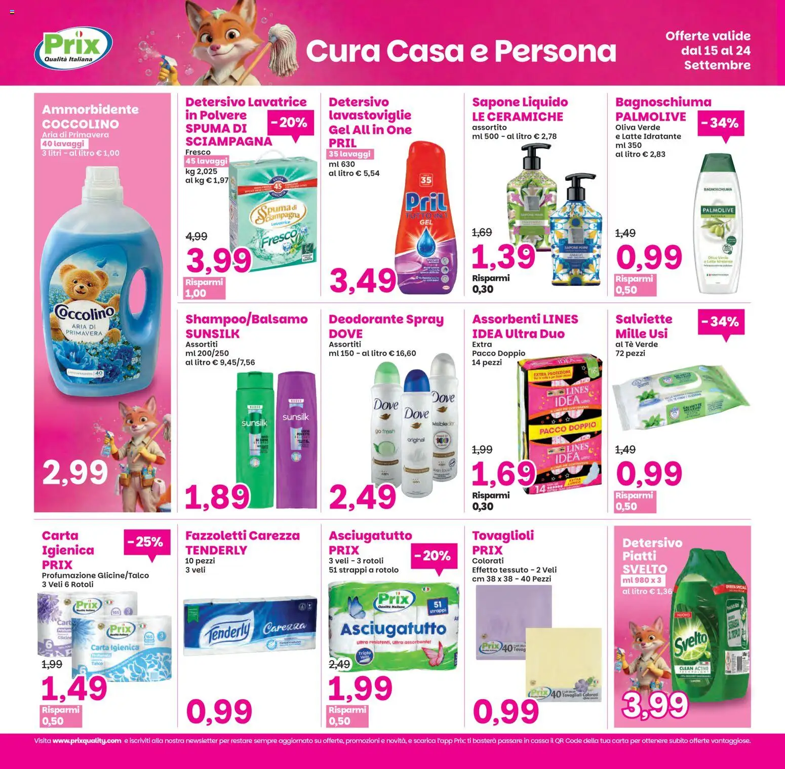 Volantino Prix del 15/09/2026 | Pagina: 19 | Prodotti: Carta igienica, Fazzoletti, Latte idratante, Asciugatutto