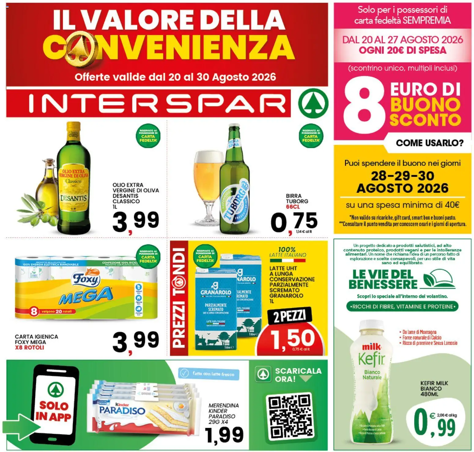 Volantino Interspar del 20/08/2026 | Pagina: 1 | Prodotti: Kefir, Carta igienica, Birra, Olio extra vergine
