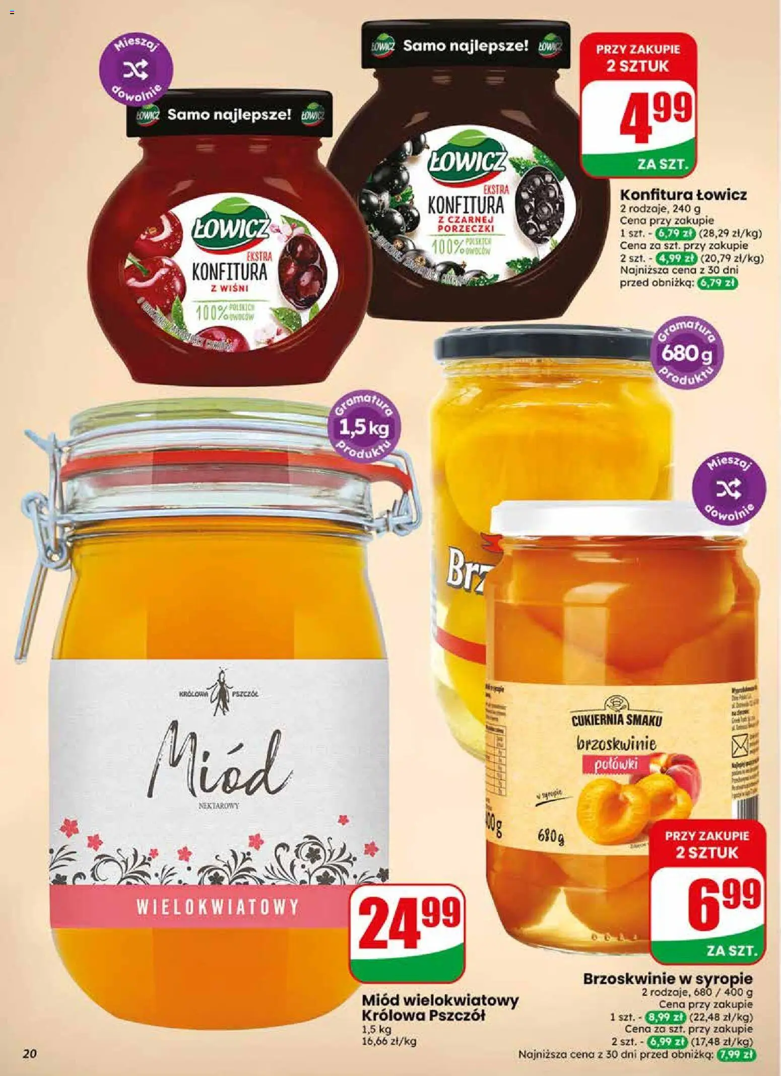 Dino gazetka od 13.05.2026 | Strona: 20 | Produkty: Miód, Brzoskwinie w syropie, Brzoskwinie