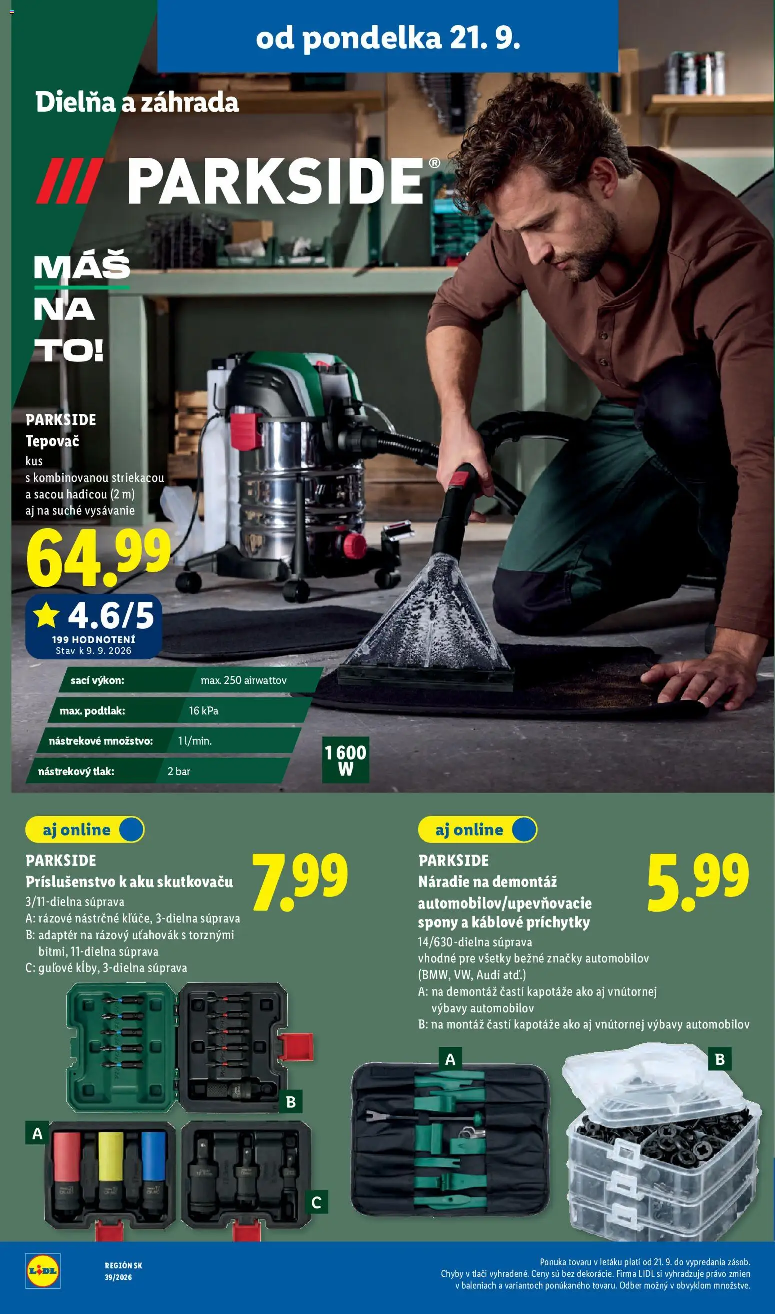 Nové Lidl akcie – leták je platný od 21.09.2026 | Strana: 60 | Produkty: Tepovač, Náradie, Aku, Parkside