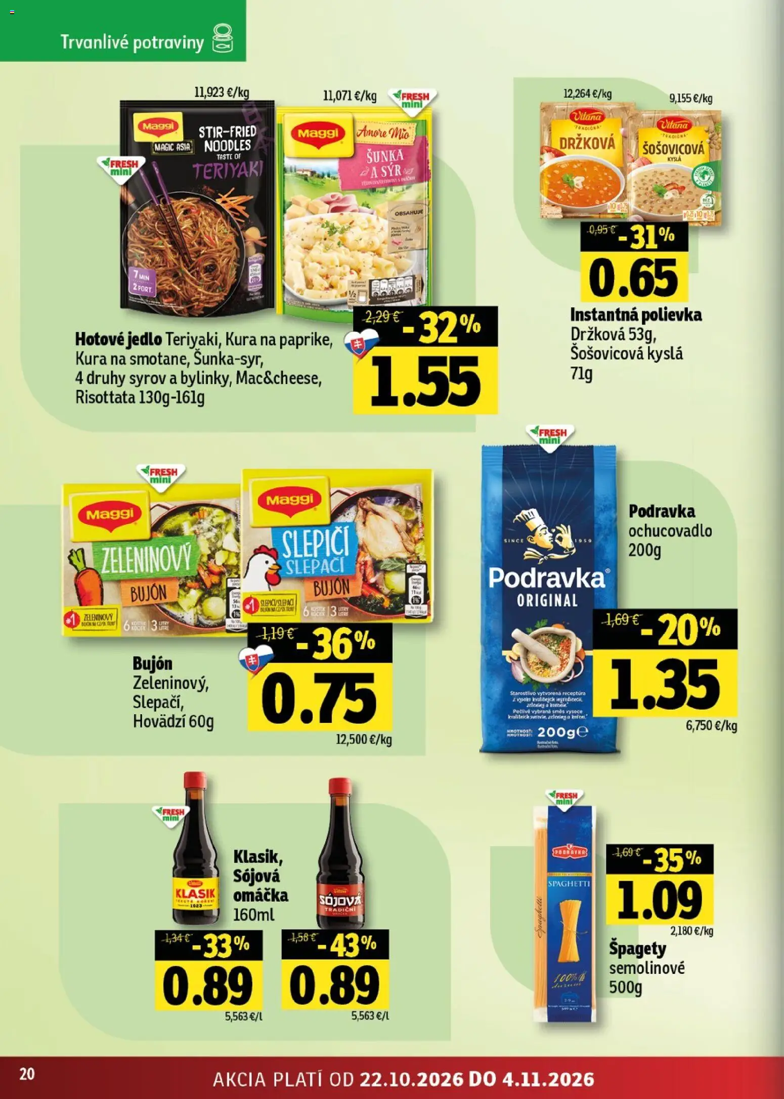 Nové Fresh akcie – leták je platný od 22.10.2026 | Strana: 20 | Produkty: Syr, Bujón, Omáčka, Špagety