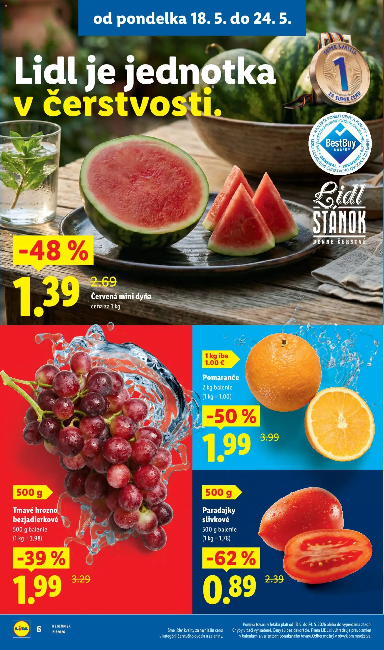 Nové Lidl akcie – leták je platný od 18.05.2026 | Strana: 6 | Produkty: Pomaranče, Paradajky, Hrozno