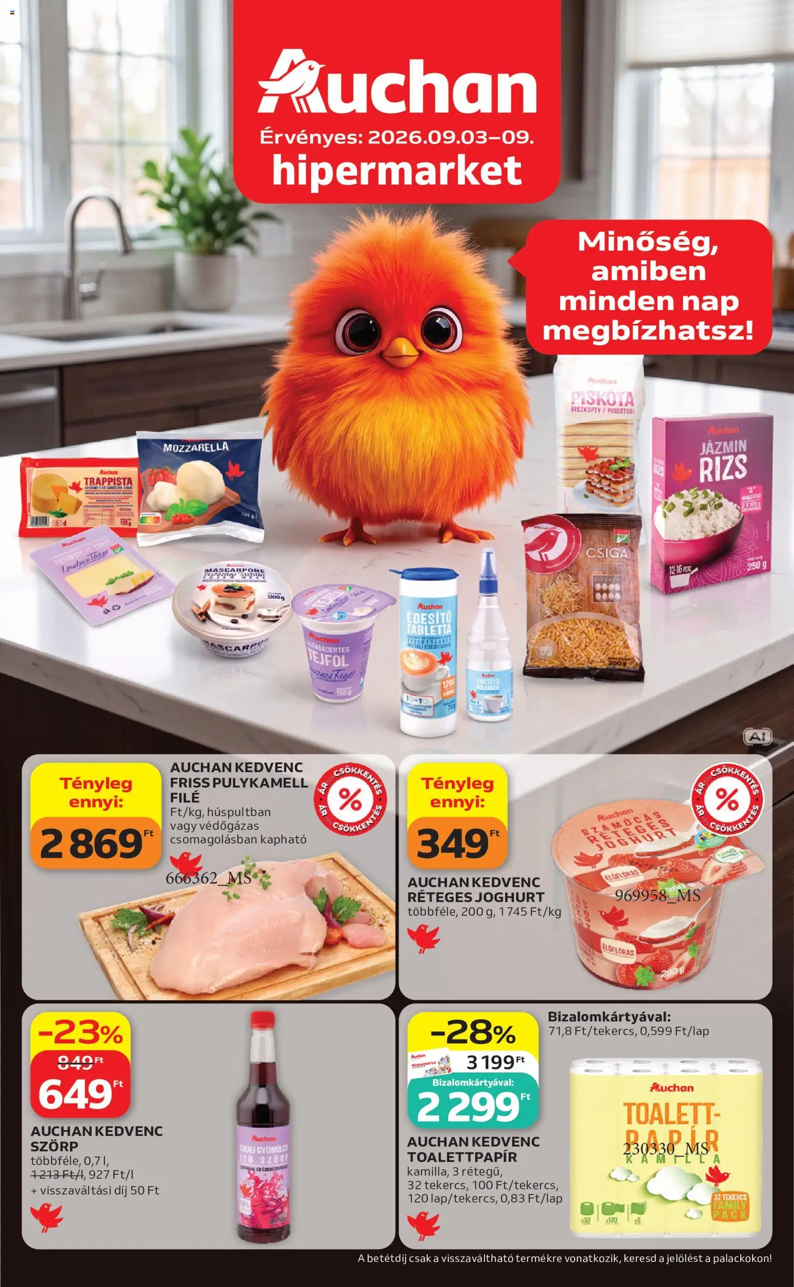 Auchan akciós ujság - amely érvényes a következő dátumtól: 2026.09.03. | Oldal: 1 | Termékek: Mozzarella, Piskóta, Sajt, Rizs