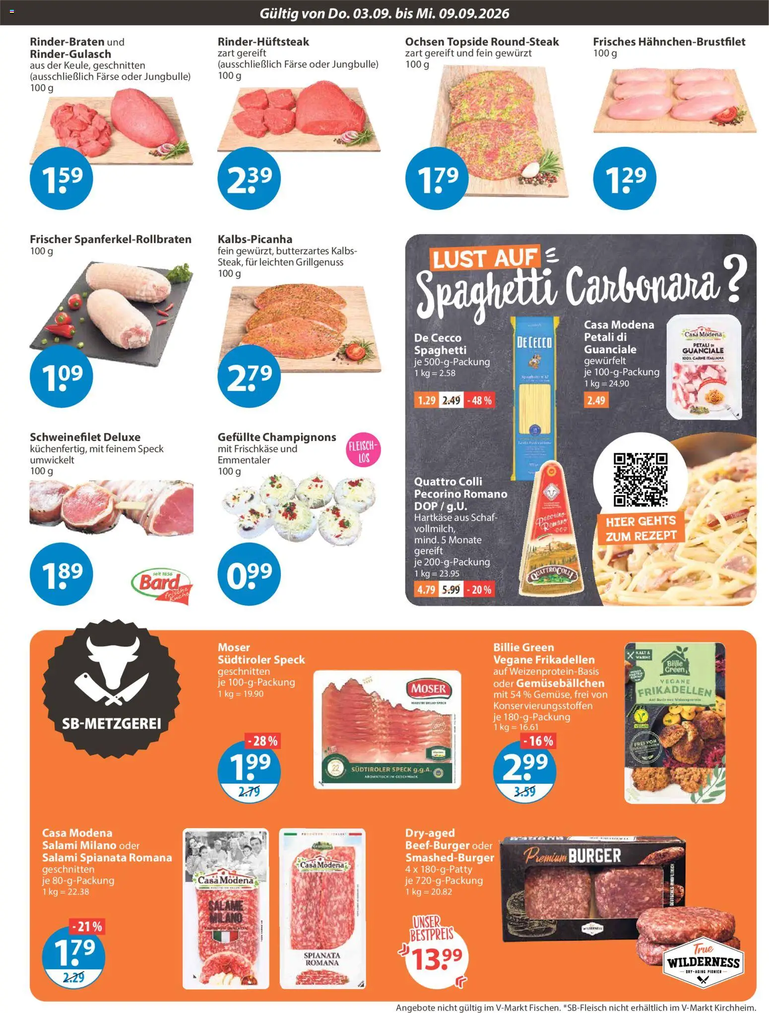 V-Markt Angebote – gültig ab 03.09.2026 | Seite: 3 | Produkte: Rindergulasch, Schweinefilet, Champignons, Salami