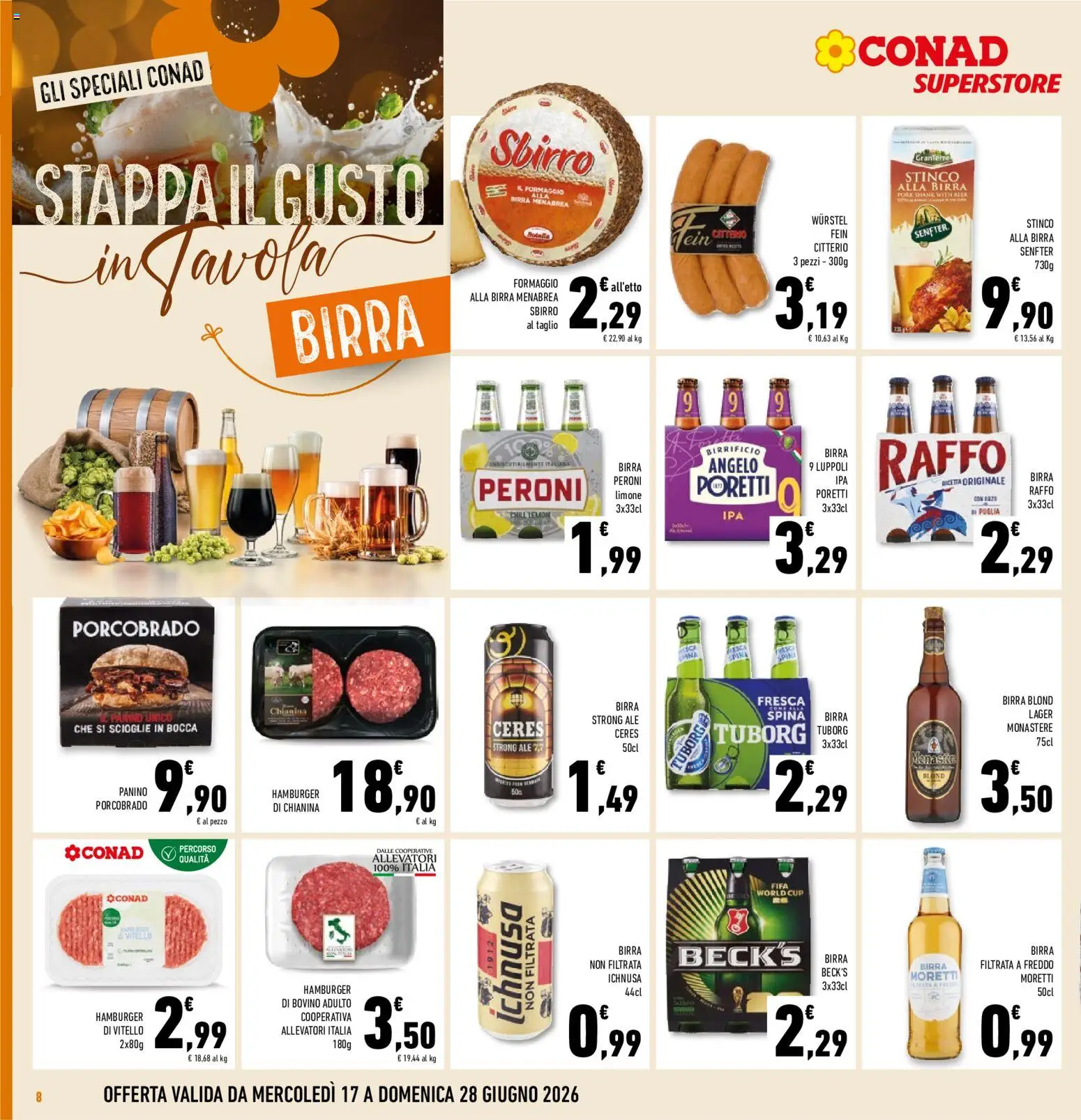 Volantino Conad del 17.06.2026 | Pagina: 8 | Prodotti: Birra, Wurstel, Ceres, Hamburger