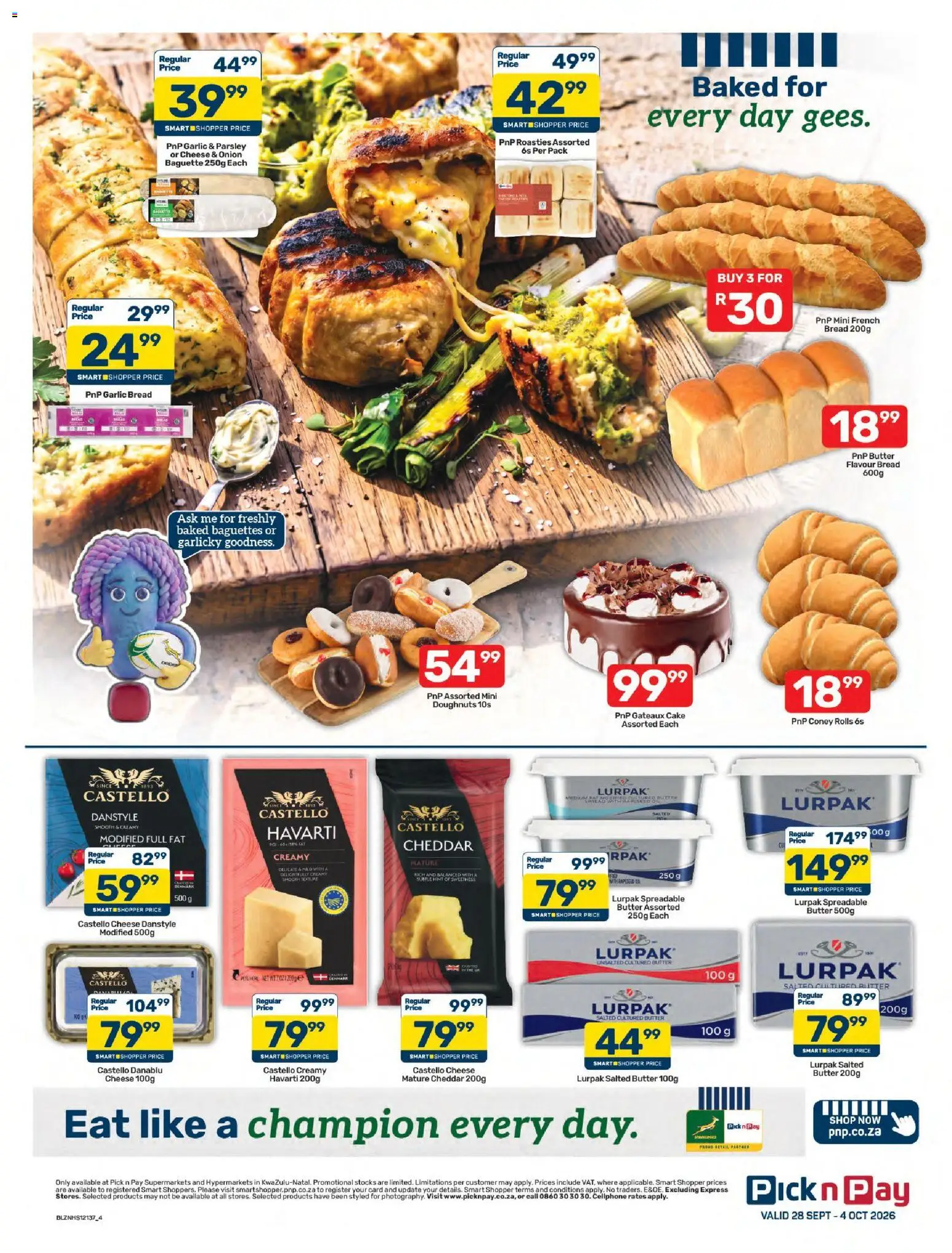 New Pick n Pay catalogue – valid from 28/09/2026 | Page: 4 | Products: Butter, Cheese, Bread, Garlic