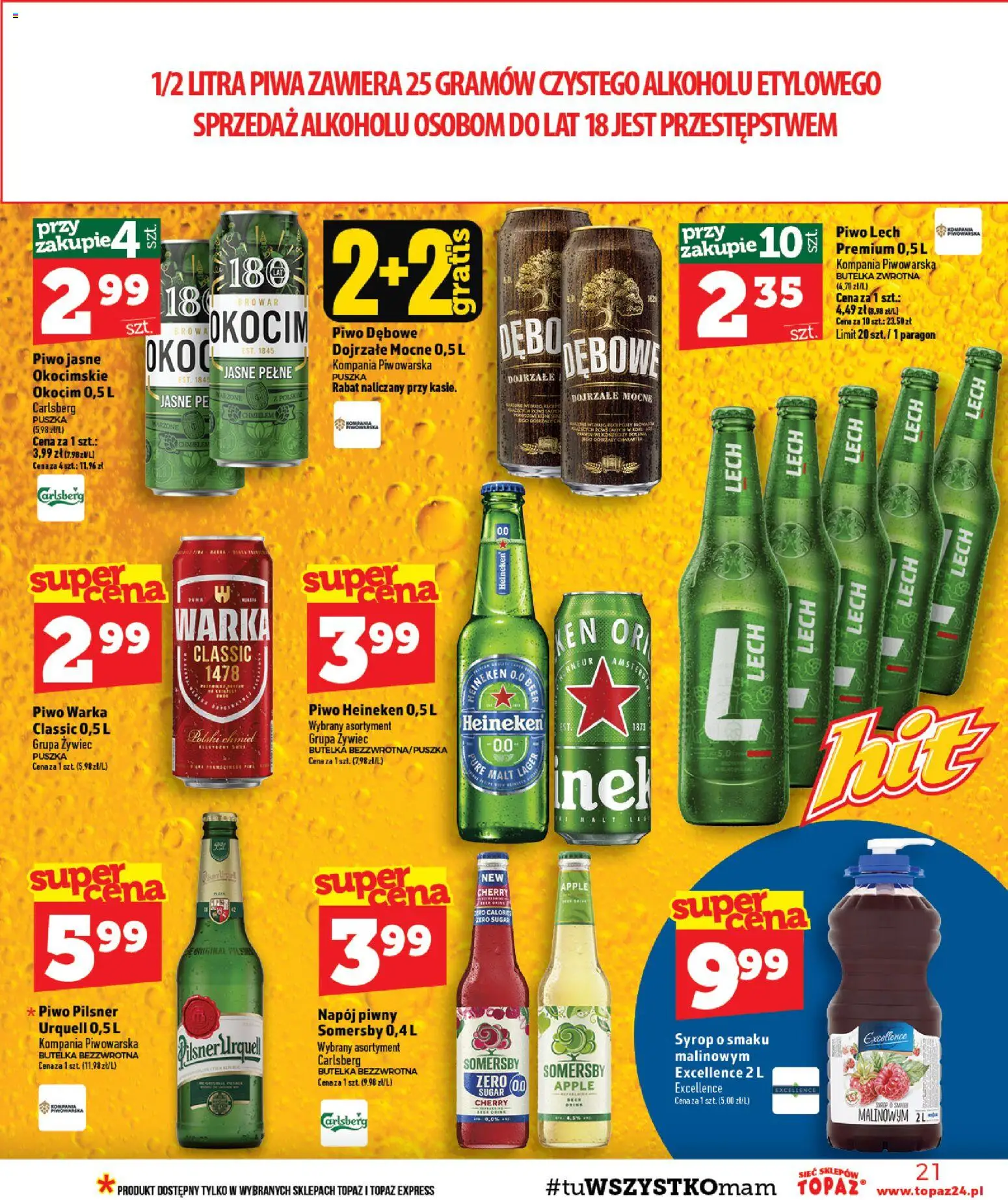Topaz gazetka - Otwarcie Tłuściec od 22.08.2026 | Strona: 21 | Produkty: Syrop, Pilsner urquell, Carlsberg, Warka
