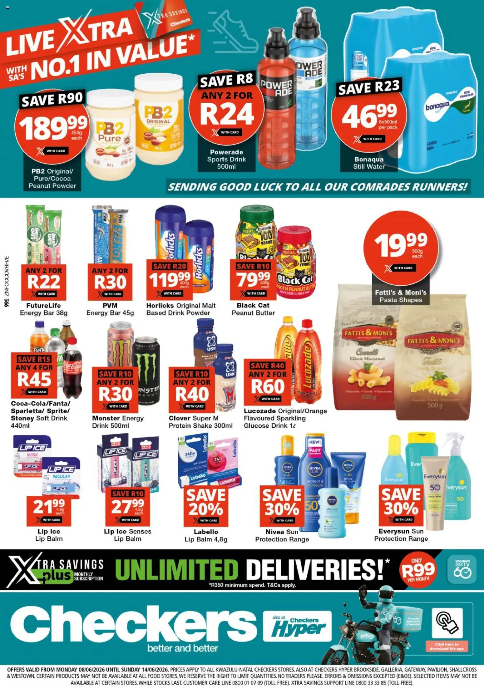 New Checkers catalogue – valid from 08.06.2026 | Page: 1 | Products: Detergente líquido, Powder, Pasta, Water