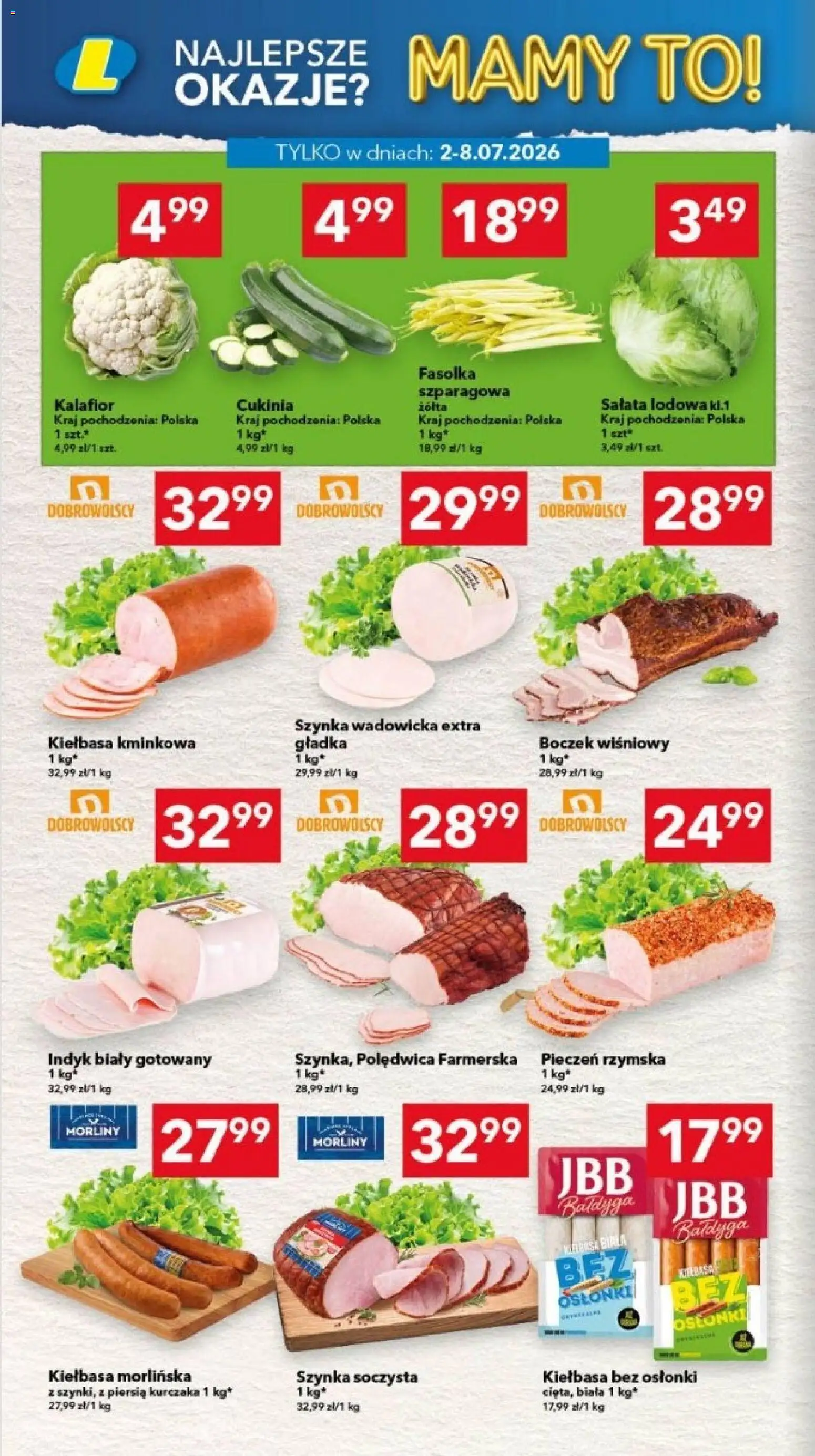 Lewiatan gazetka - Legnica od 02.07.2026 | Strona: 2 | Produkty: Kiełbasa, Kalafior, Szynka, Cukinia
