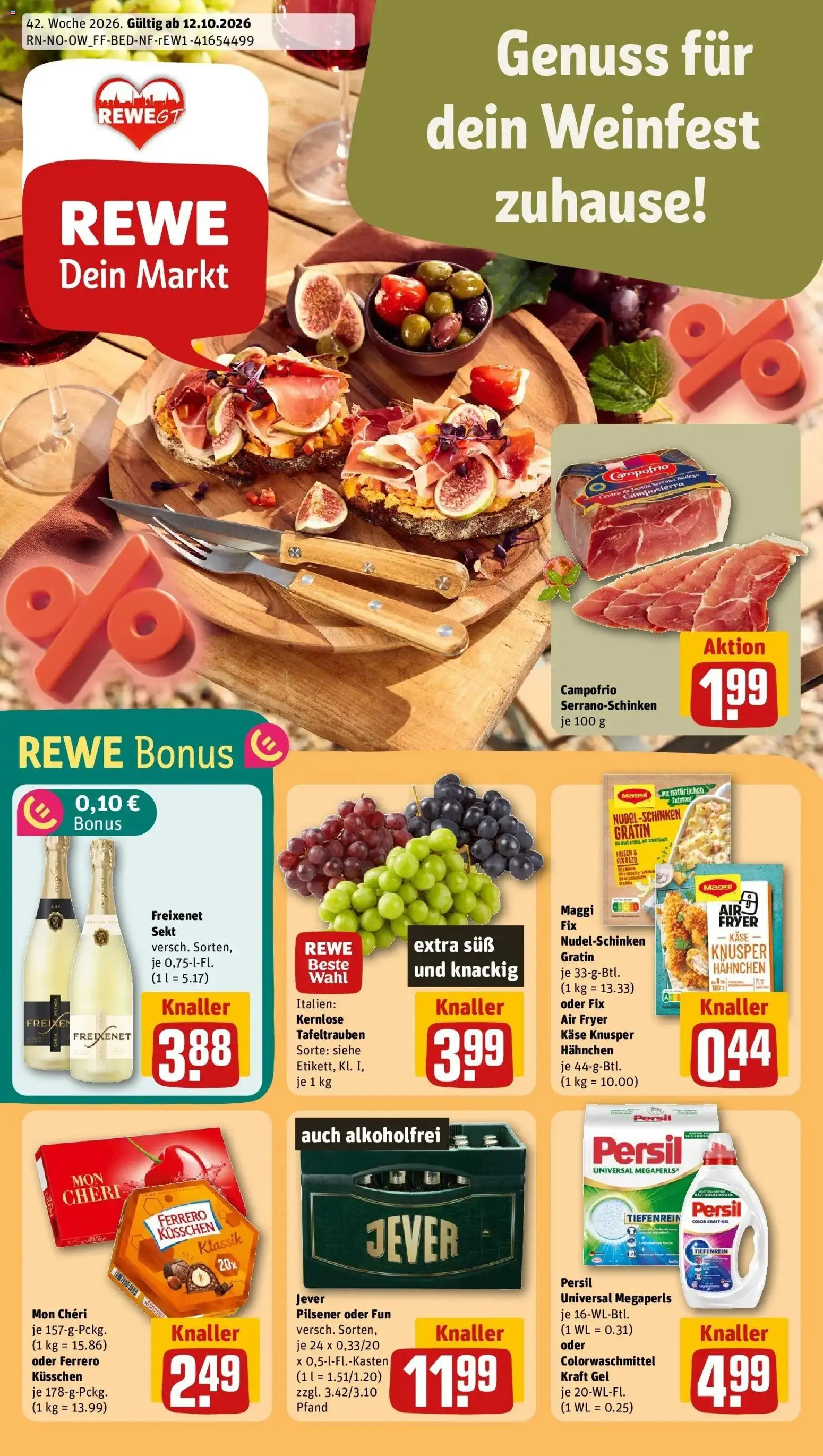REWE Prospekt ab 12.10.2026 zum Blättern » Angebote | Seite: 1 | Produkte: Hahnchen, Käse, Freixenet, Jever