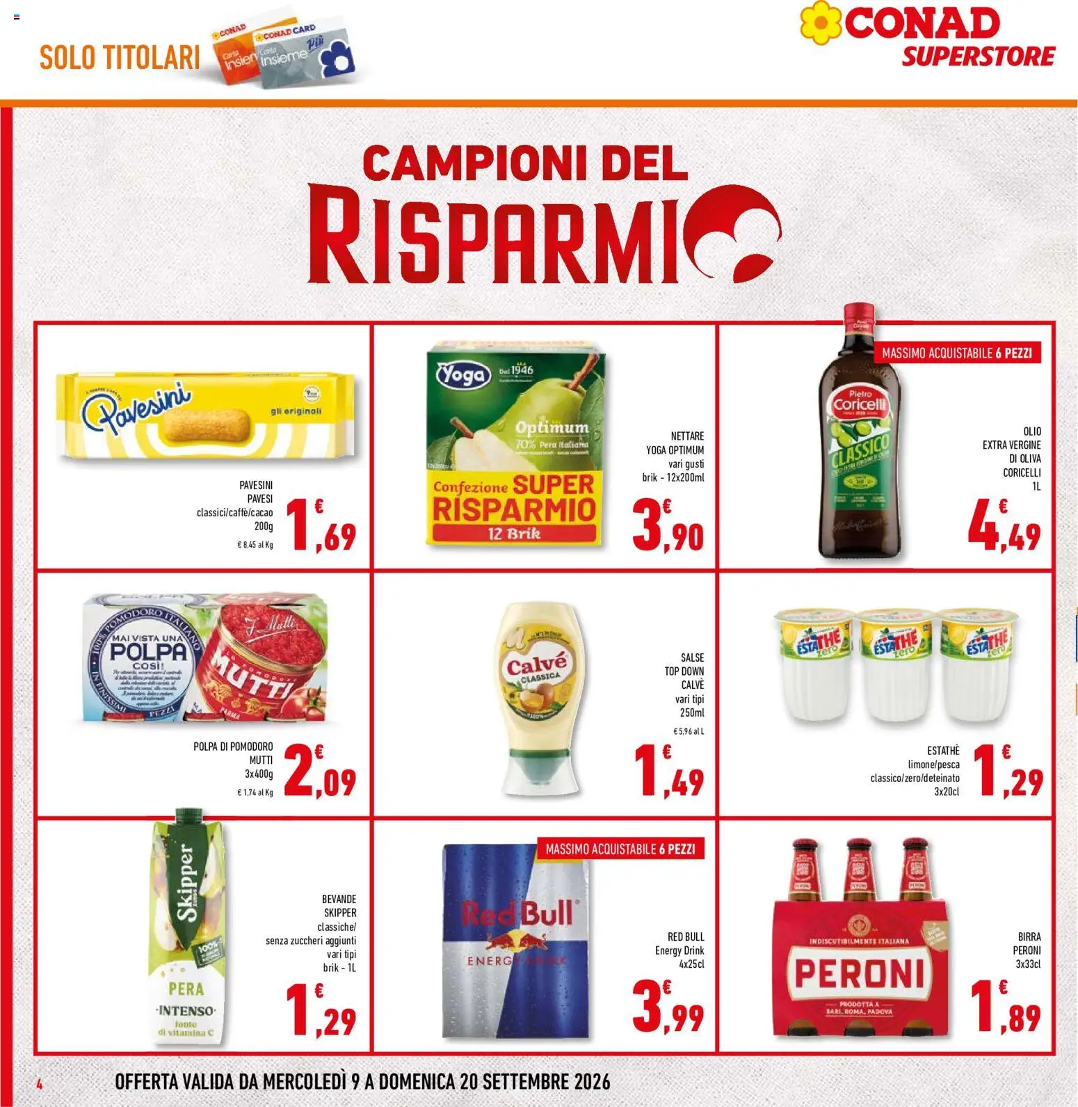 Volantino Conad del 09/09/2026 | Pagina: 4 | Prodotti: Bevande, Pera, Cacao, Red Bull