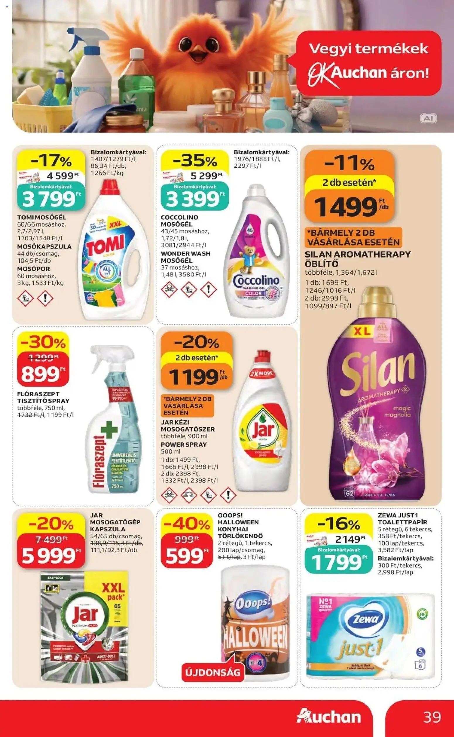 Auchan akciós újság Szolnok - 2026.10.22. -tól/töl > akció, lapozható szórólap 🛍️ | Oldal: 39 | Termékek: Konyhai törlőkendő, Törlőkendő, Öblítő, Mosogatószer