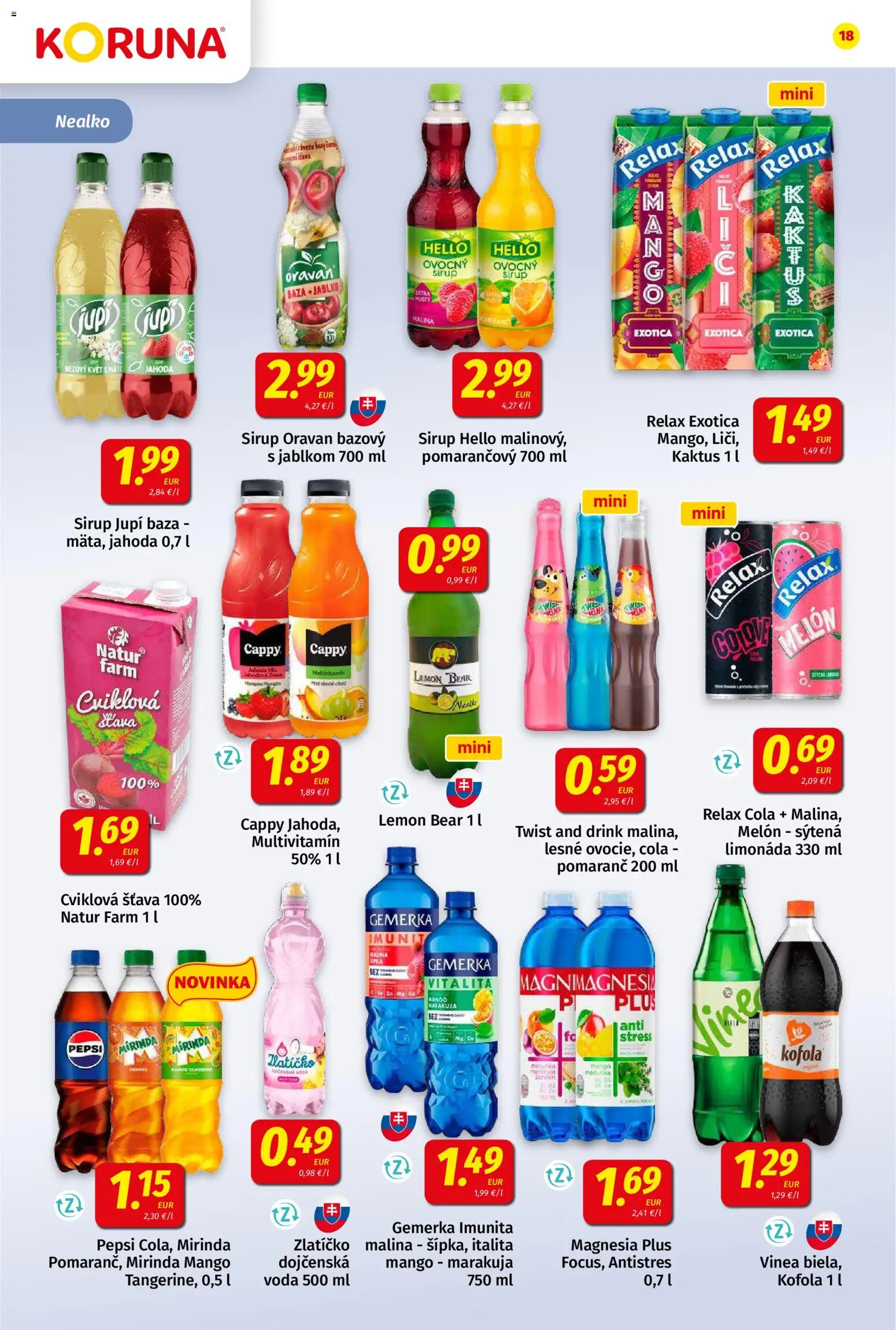 Nové Koruna akcie – leták je platný od 03.07.2026 | Strana: 18 | Produkty: Kofola, Mirinda, Mango, Melón