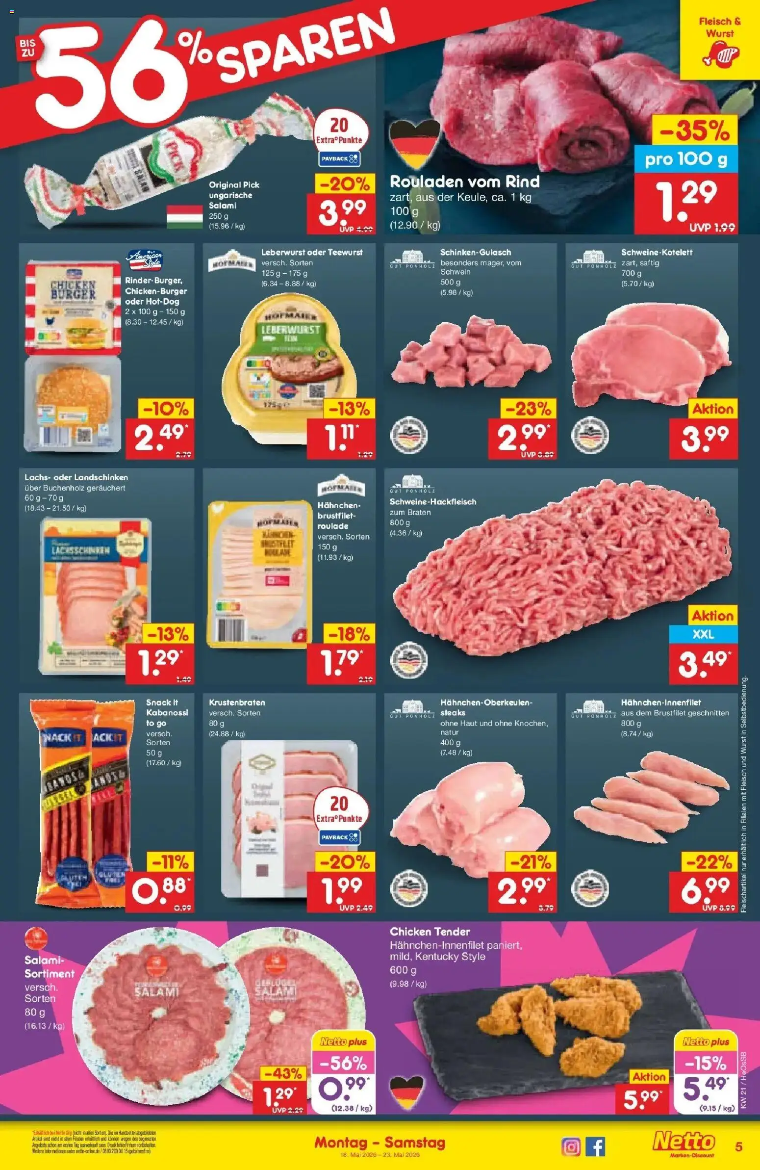 Netto Marken-Discount Prospekt Kröpelin	 – gültig ab 17.05.2026 | Seite: 5 | Produkte: Hahnchen, Burger, Lachs, Salami