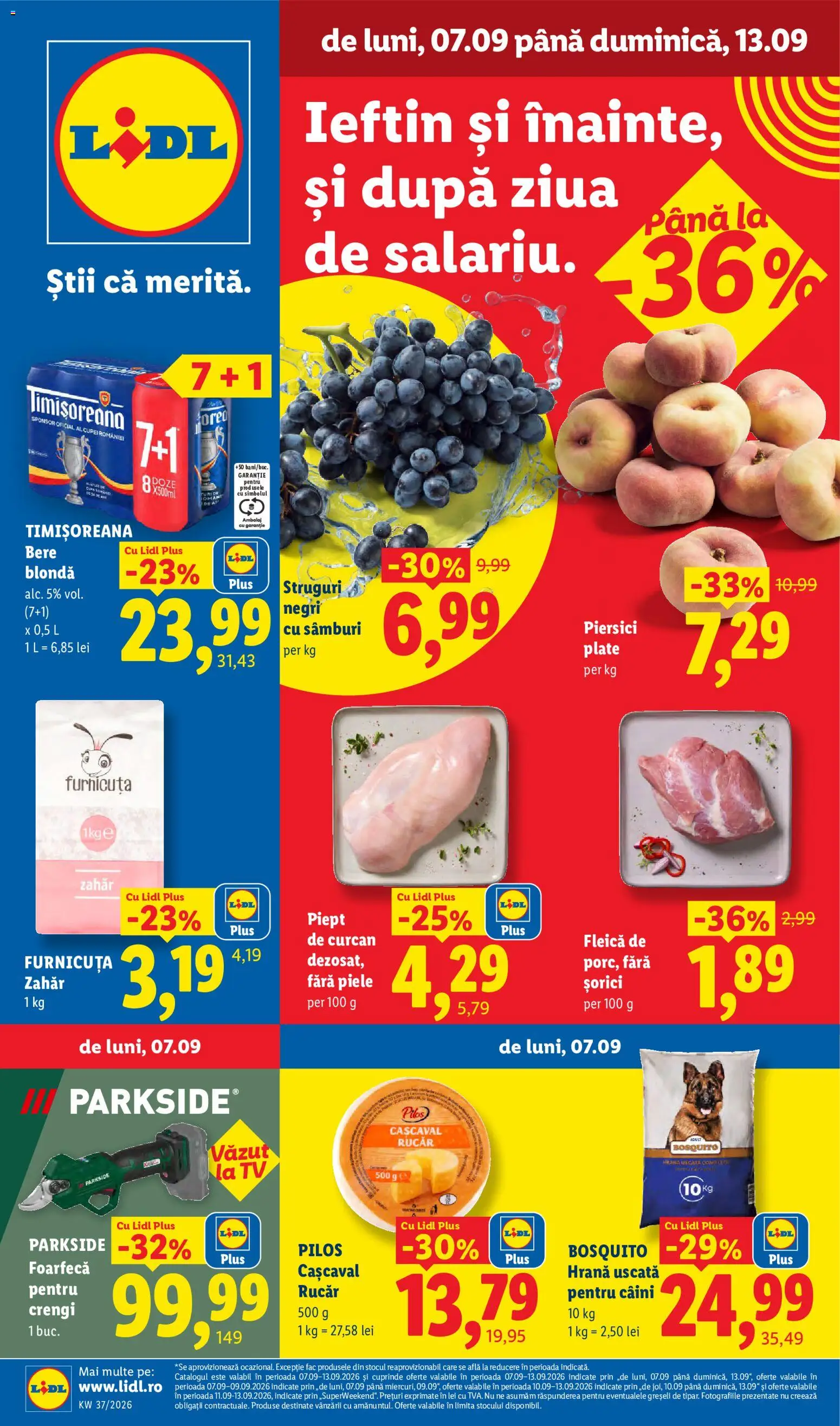 Noul catalog Lidl – valabil de la 07.09.2026 | Pagină: 1 | Produse: Struguri, Piept de curcan, Bere, Piersici