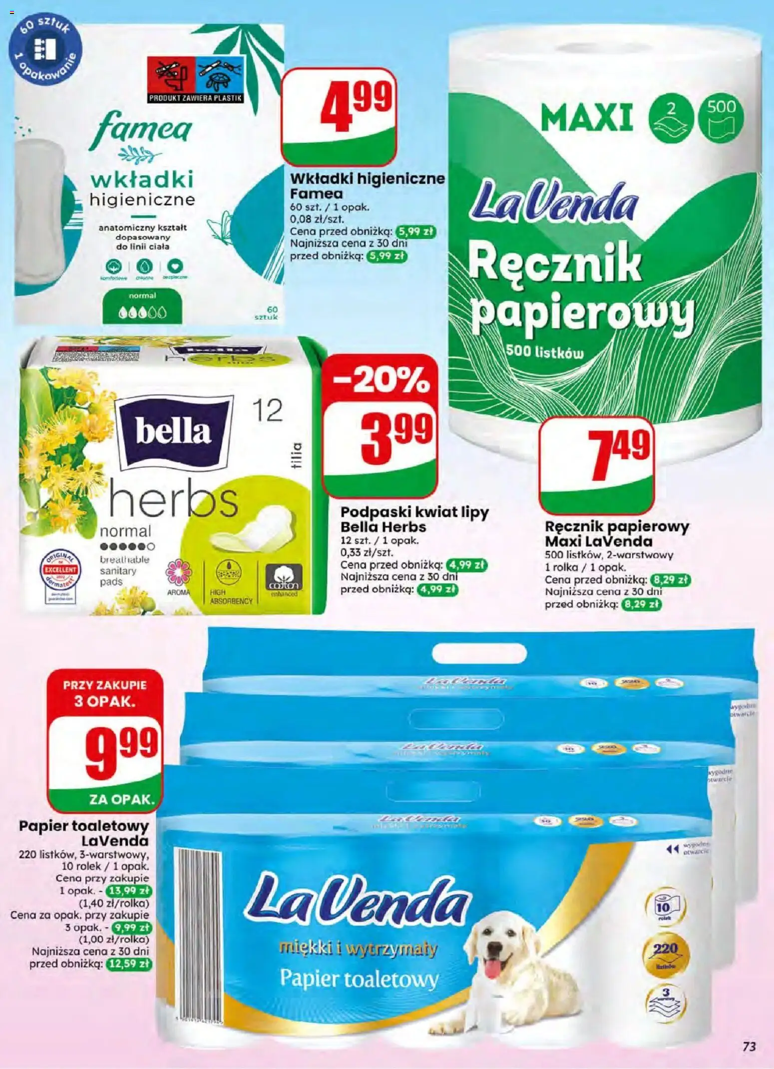 Dino gazetka od 08.07.2026 | Strona: 73 | Produkty: Papier toaletowy lavenda, Papier toaletowy, Podpaski, Wkładki higieniczne
