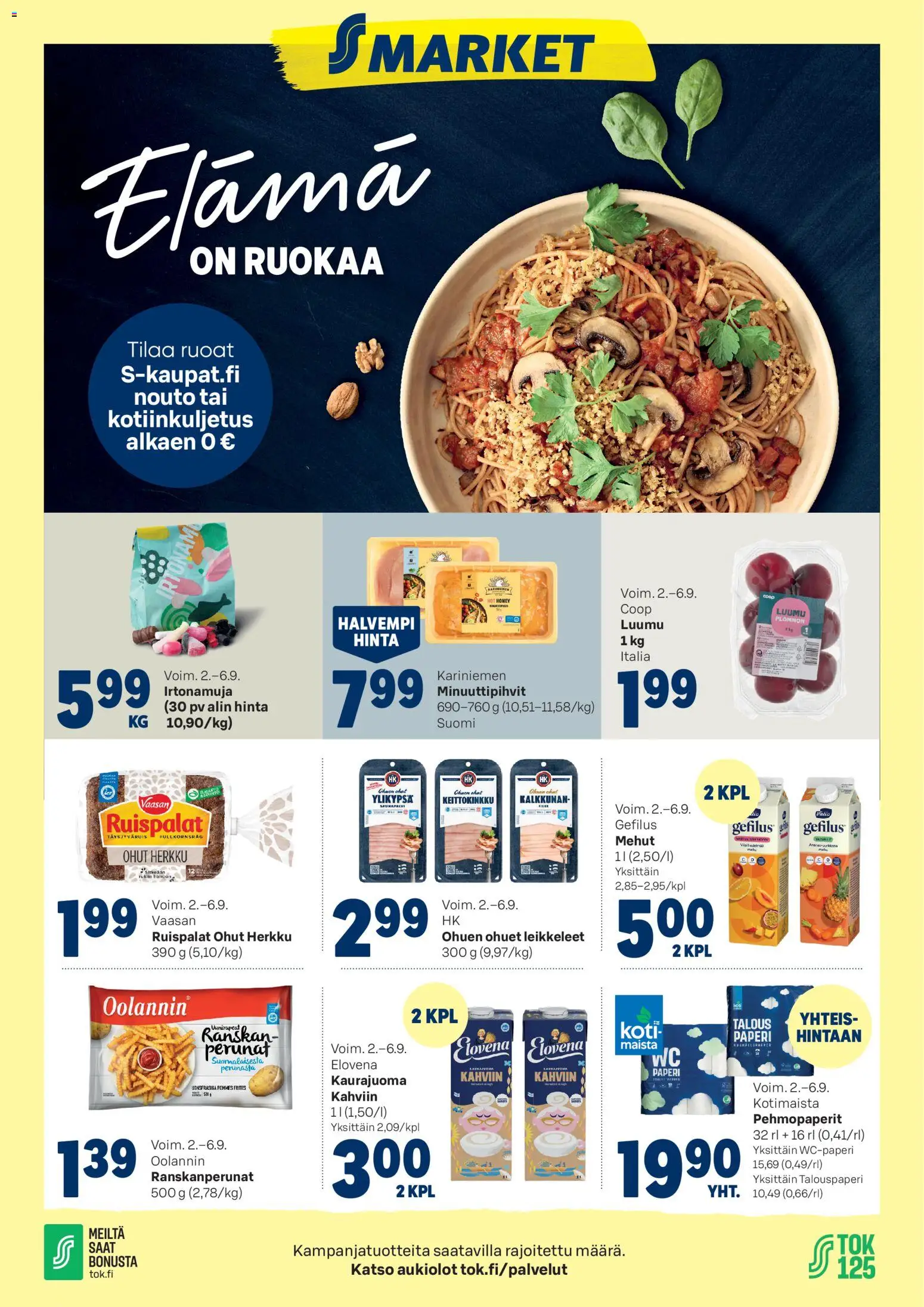 S-market - Elámá – voimassa 02/06/2026 alkaen | Sivu: 1 | Tuotteet: Luumu, Ranskanperunat, Kaurajuoma, Paperi