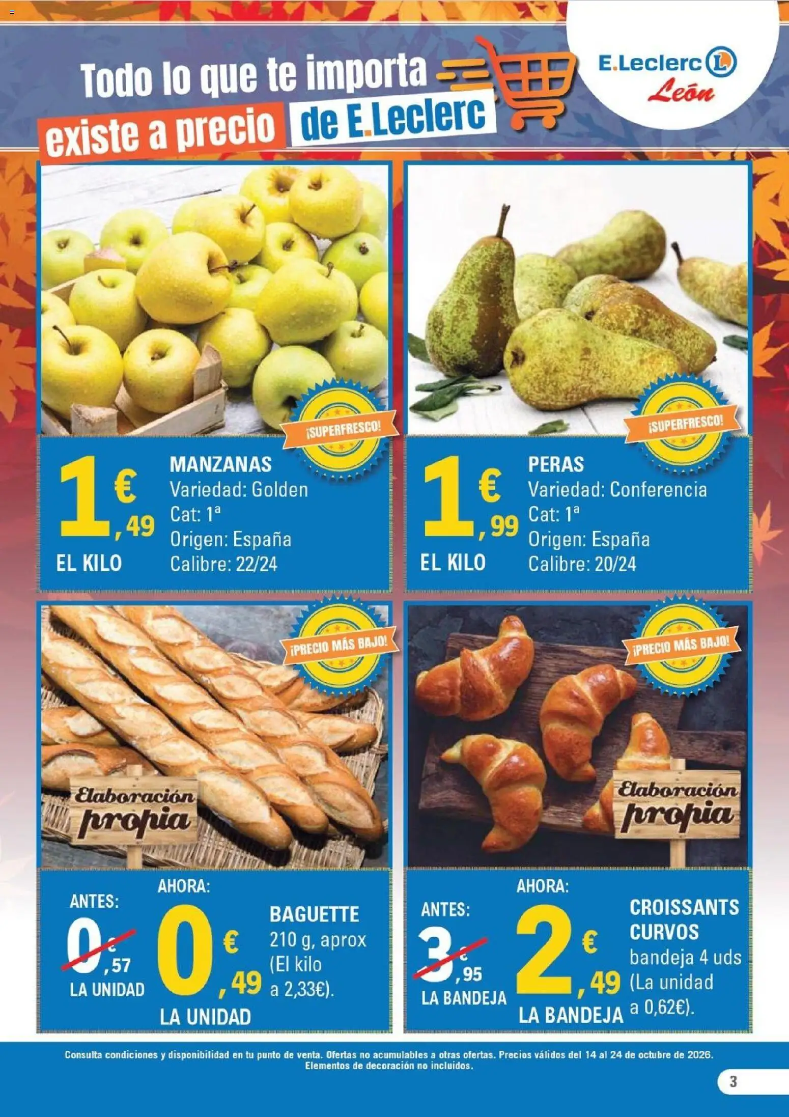 E.Leclerc - León │ válido desde el 14/10/2026 | Página: 3 | Productos: Manzanas, Peras, Té, Bandeja