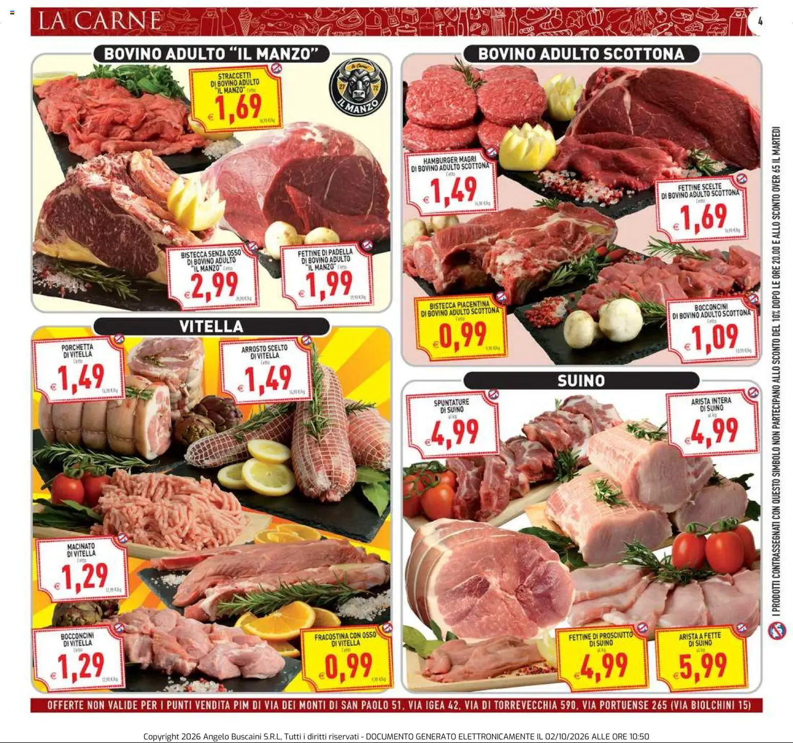 Volantino PIM Supermercati del 02/10/2026 | Pagina: 4 | Prodotti: Manzo, Suino, The, Bistecca