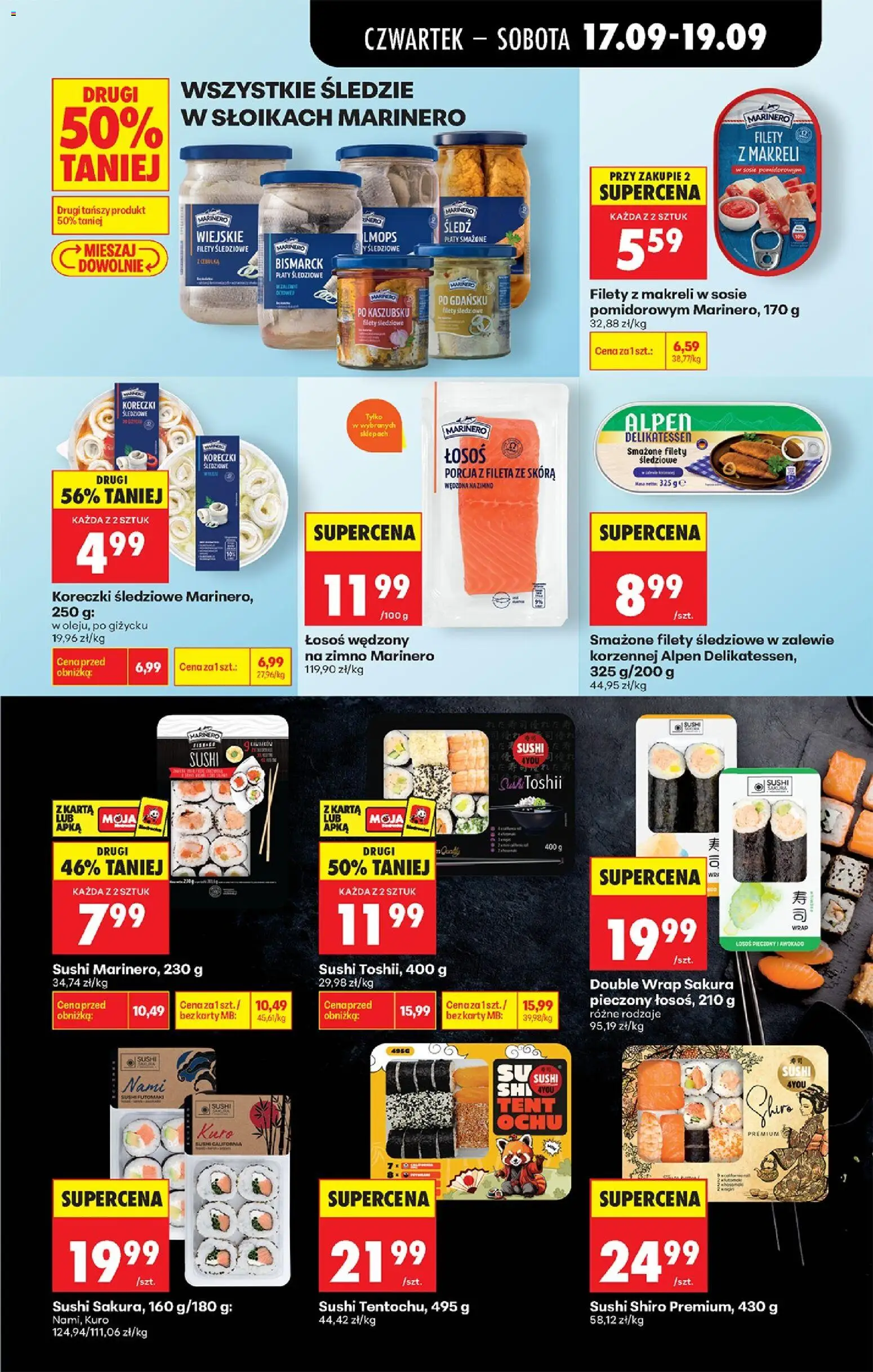 Biedronka gazetka od czwartku od 17.09.2026 | Strona: 49 | Produkty: Śledzie, Śledź, Filety z makreli w sosie pomidorowym, Koreczki śledziowe