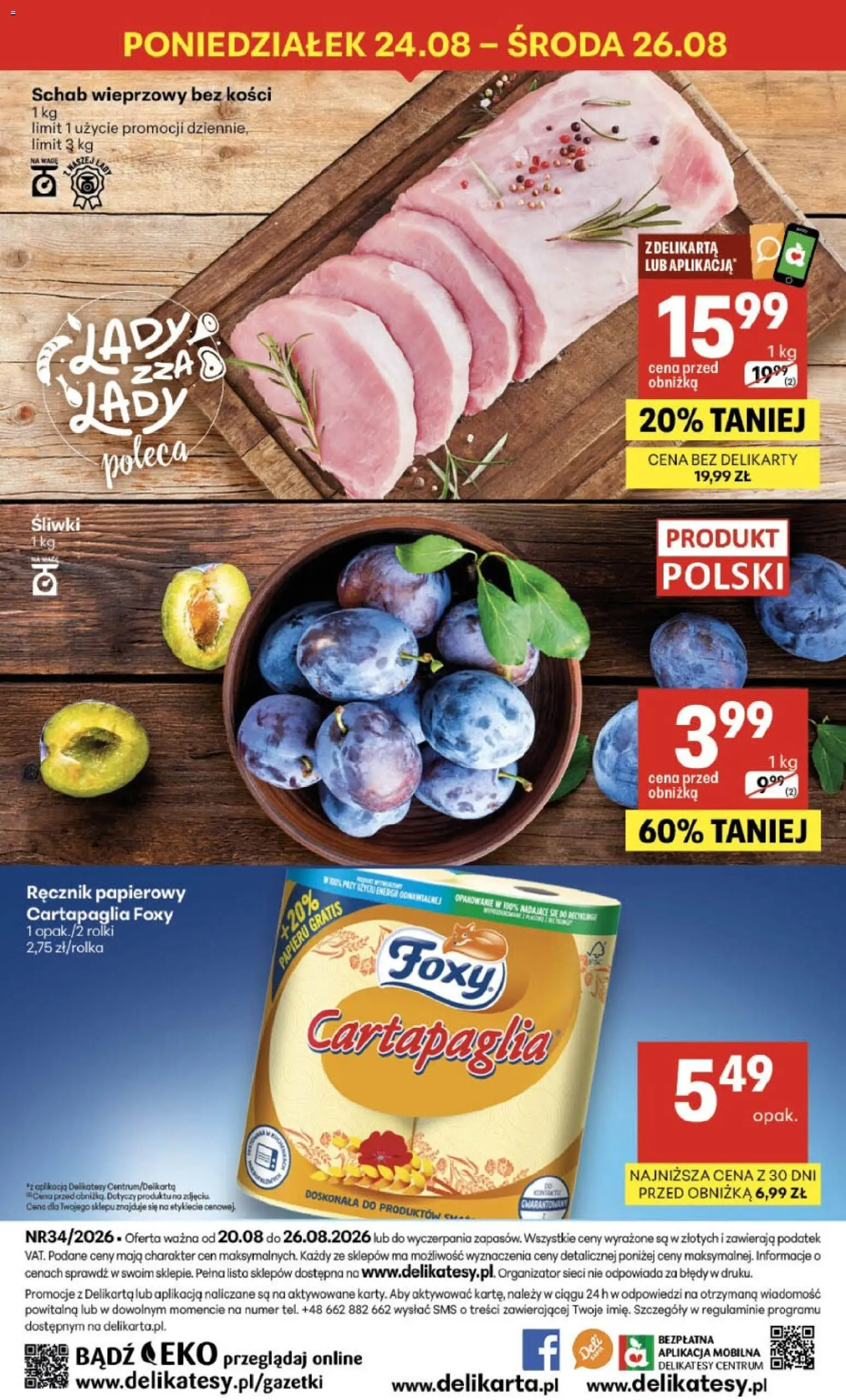 Delikatesy Centrum gazetka od 20.08.2026 | Strona: 40 | Produkty: Schab wieprzowy bez kości, Delikatesy, Śliwki, Ręcznik papierowy