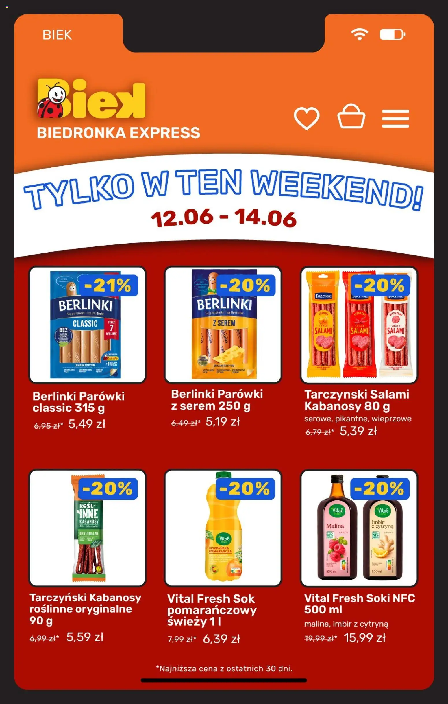 Biedronka gazetka - Biek od 12.06.2026 | Strona: 7 | Produkty: Sok pomarańczowy, Soki, Kabanosy, Sok
