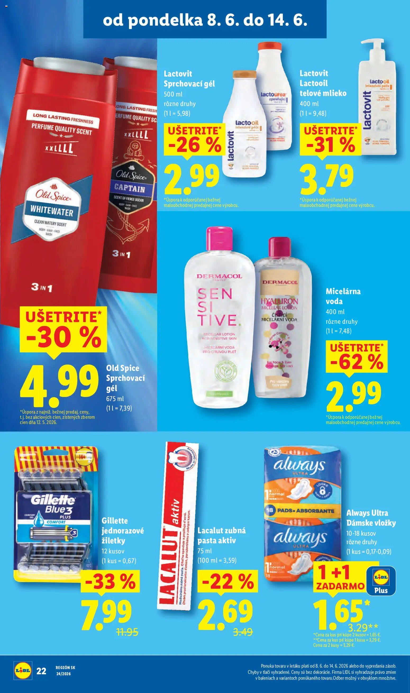 Nové Lidl akcie – leták je platný od 08.06.2026 | Strana: 34 | Produkty: Old Spice, Telové mlieko, Zubná pasta, Voda