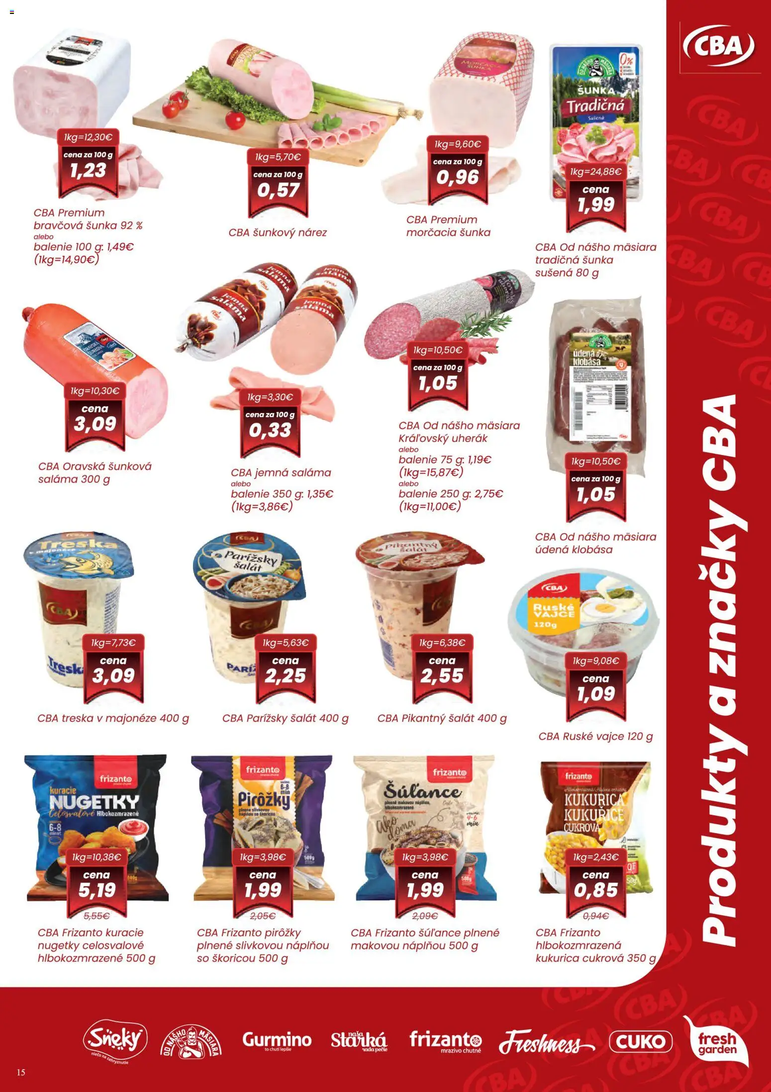 Nové Nitrazdroj akcie – leták je platný od 07.05.2026 | Strana: 15 | Produkty: Saláma, Šunka, Šalát, Kukurica