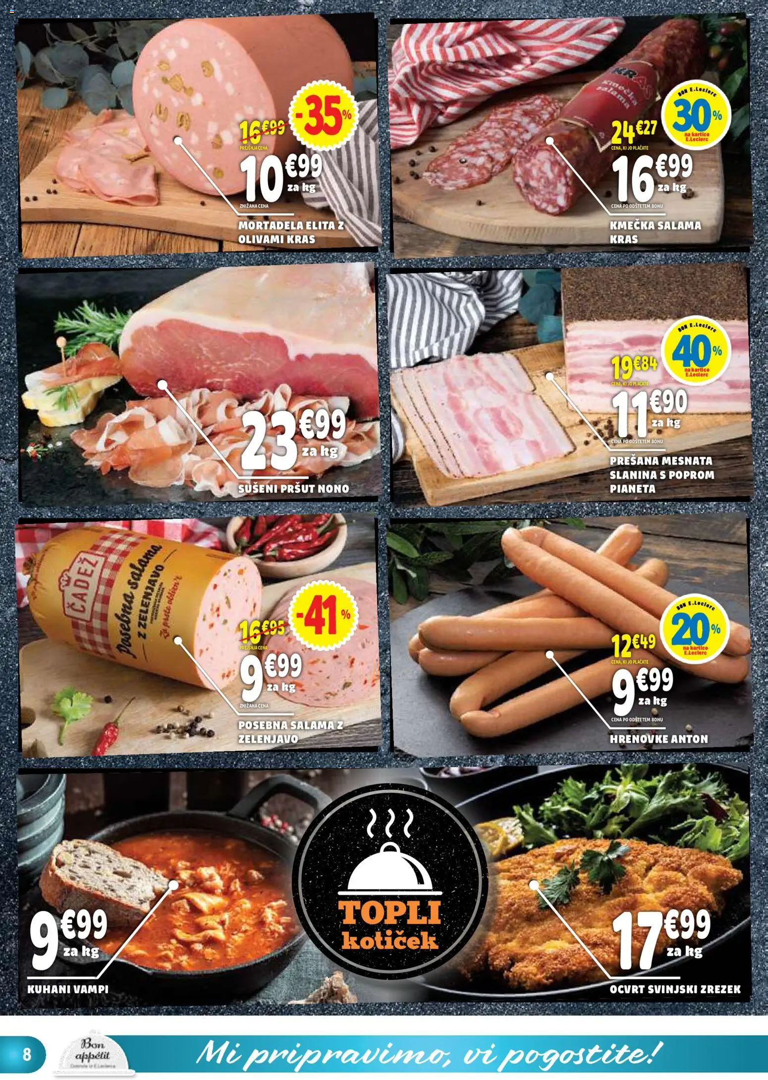 Novi E.leclerc katalog ponudbe – veljaven od 02.09.2026 | Stran: 8 | Izdelki: Hrenovke, Pršut, Mortadela, Slanina