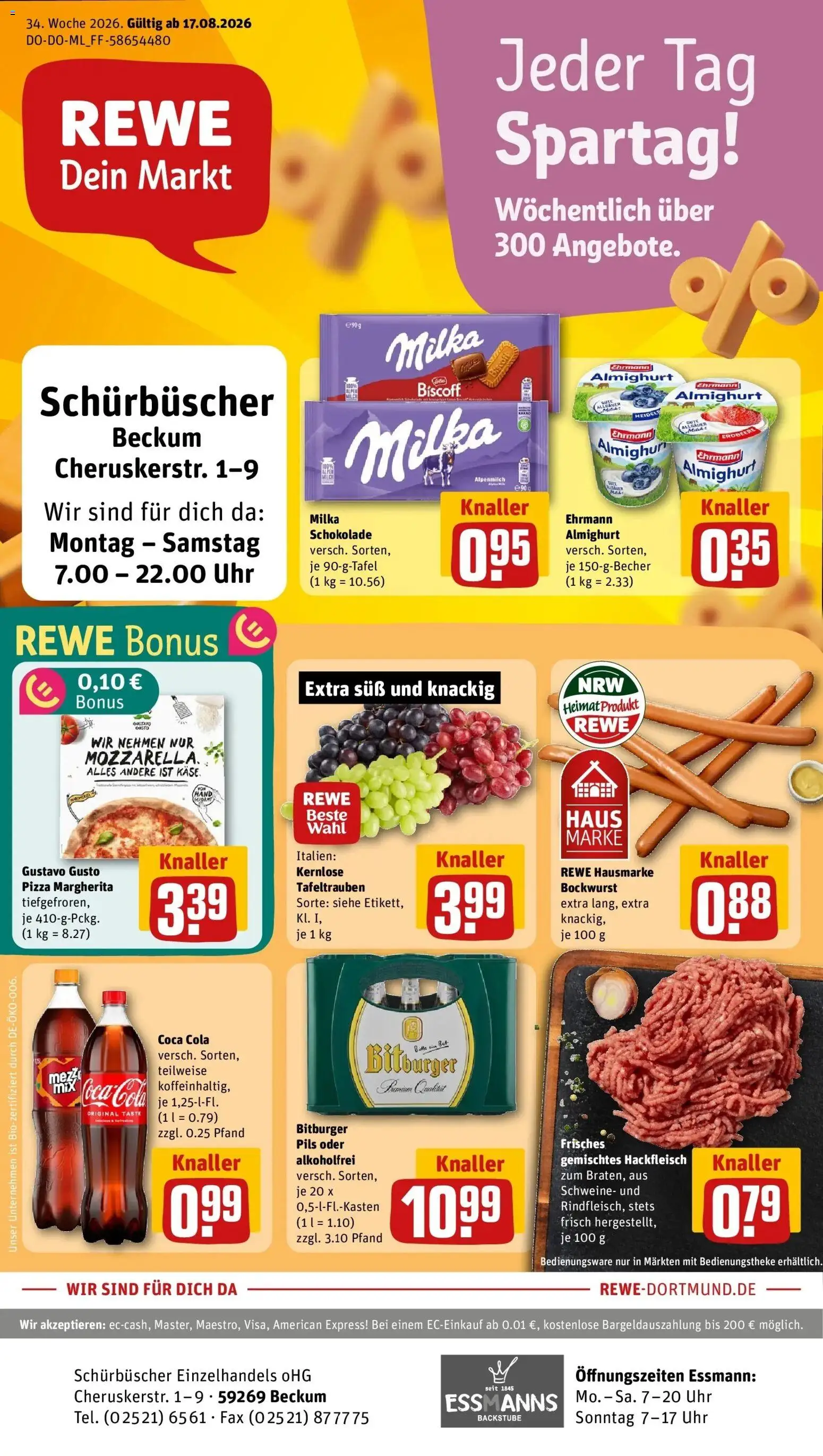 REWE Prospekt ab 17.08.2026 zum Blättern » Angebote | Seite: 1 | Produkte: Bockwurst, Coca cola, Cola, Pils