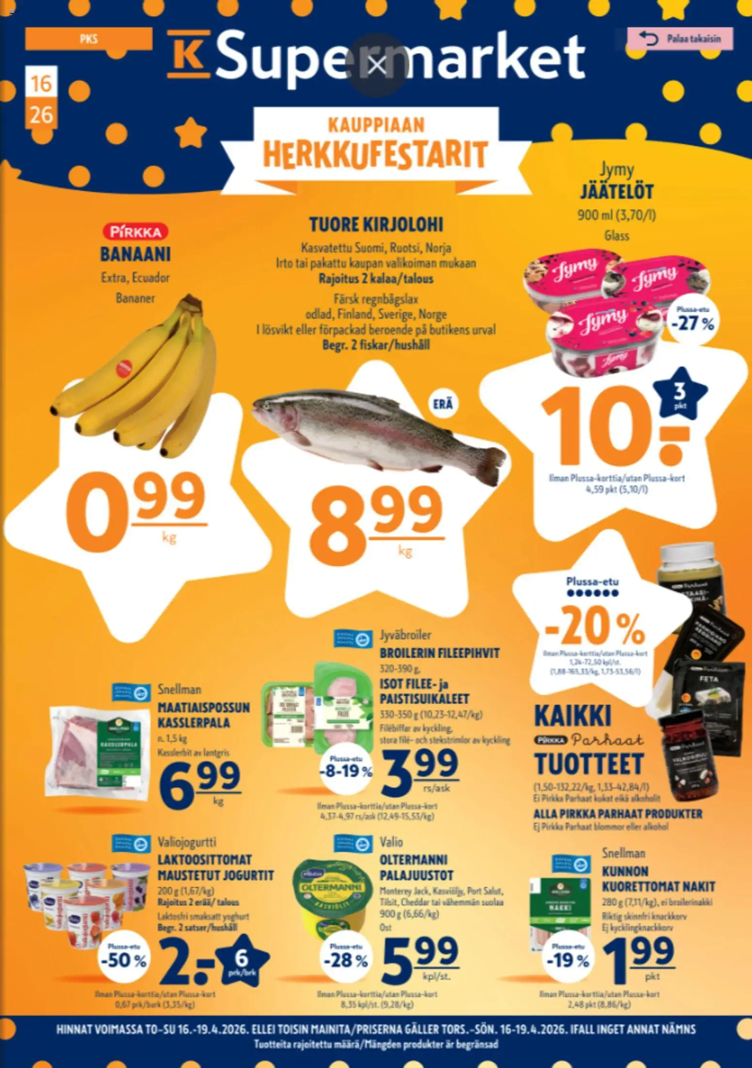 K-Supermarket tarjoukset – voimassa 16.04.2026 alkaen | Sivu: 1 | Tuotteet: Kirjolohi, Nakit, Cheddar