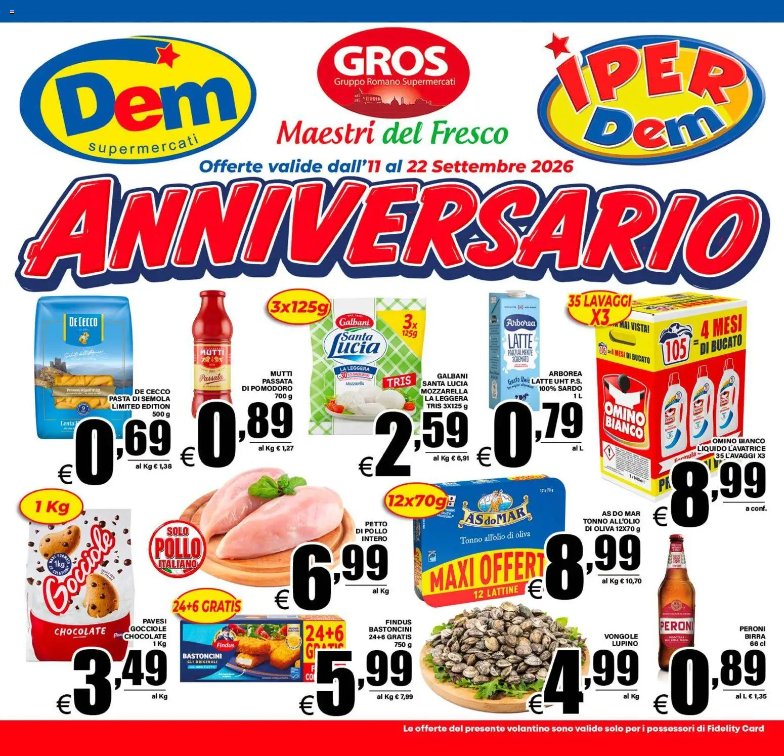 Volantino DEM del 11/09/2026 | Pagina: 1 | Prodotti: Vongole, De Cecco, Pomodoro, Pasta