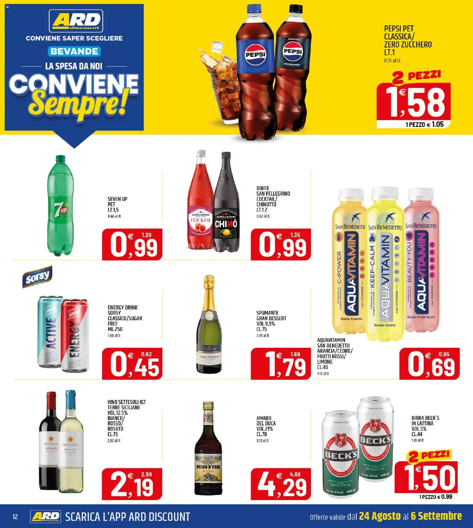 Volantino ARD Discount del 24/08/2026 | Pagina: 12 | Prodotti: Acqua, Zucchero, Pepsi, Dessert