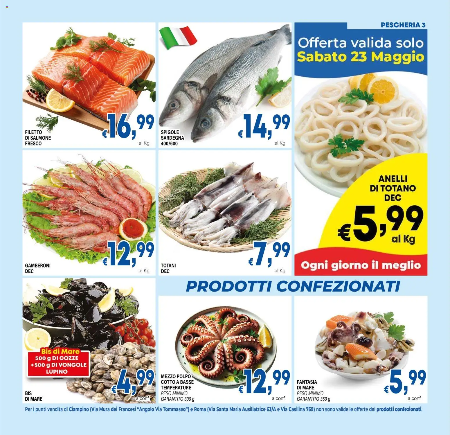 Volantino DEM del 20.05.2026 | Pagina: 3 | Prodotti: Salmone, Cozze, Polpo, Gamberoni